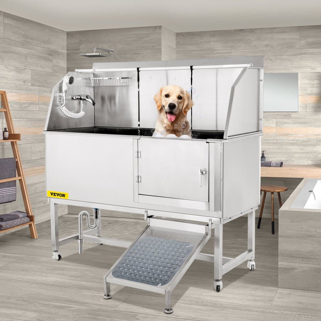 Wanna do pielęgnacji psów, 62" R, stanowisko do mycia zwierząt, wanna ze stali nierdzewnej 304 o ładowności 661 funtów, antypoślizgowa stacja do mycia psów, w zestawie rampa, kran, spryskiwacz i zestaw odpływowy
