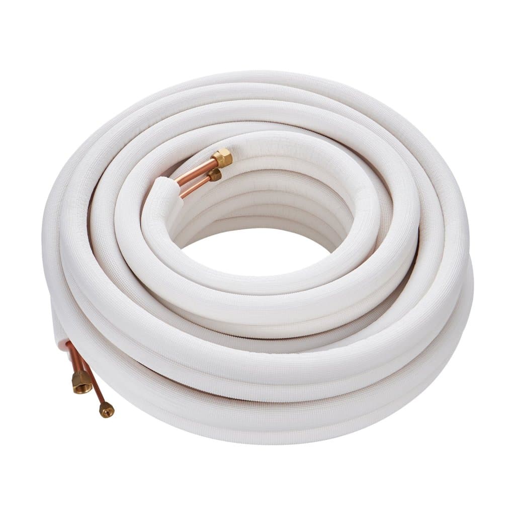Zestaw mini-rozdzielonych rur o długości 15 240 mm, z miedzianymi rurami o średnicy zewnętrznej 6,4 i 12,7 mm i izolacją potrójną, do mini-rozdzielonych systemów chłodzenia lub ogrzewania z pompą do klimatyzacji i ogrzewania, z paskami uszczelniającymi.