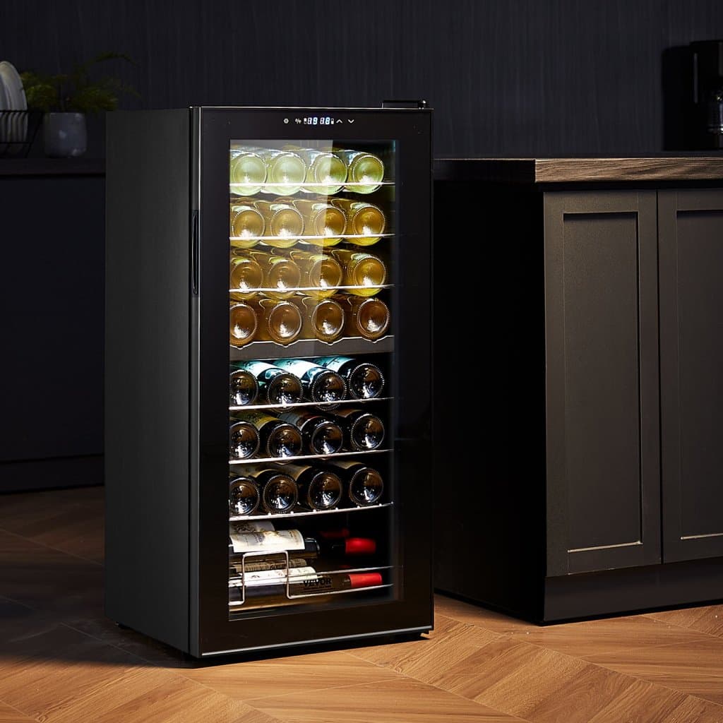 Lodówka na wino na 32 butelki, dwustrefowa, wolnostojąca, z oświetleniem LED