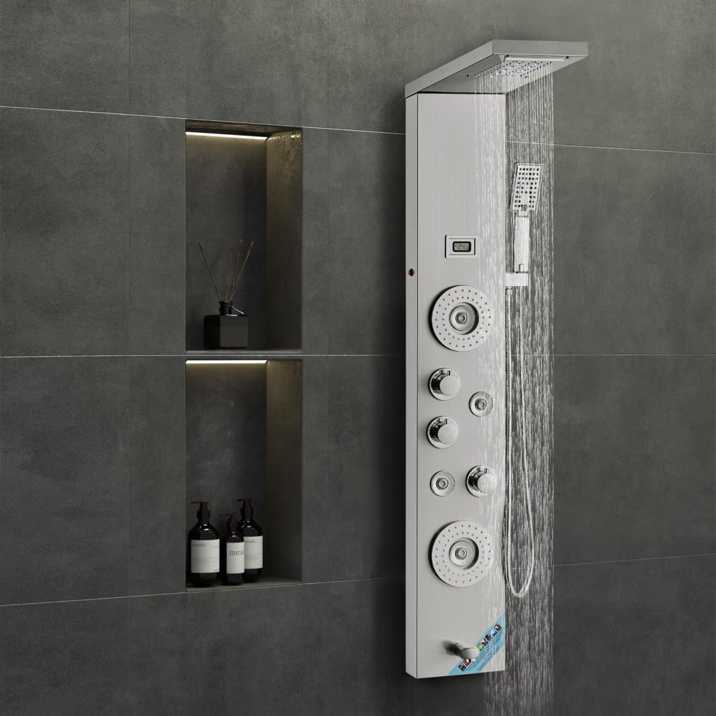 Panel prysznicowy, system wieżowy, 6 trybów, LED i wyświetlacz, stal nierdzewna, deszczownica
