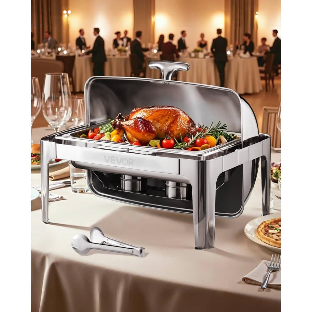 Zestaw naczyń do podgrzewania z pokrywką Roll Top Chafing Dish o pojemności 9 qt i pełnowymiarową patelnią ze stali nierdzewnej