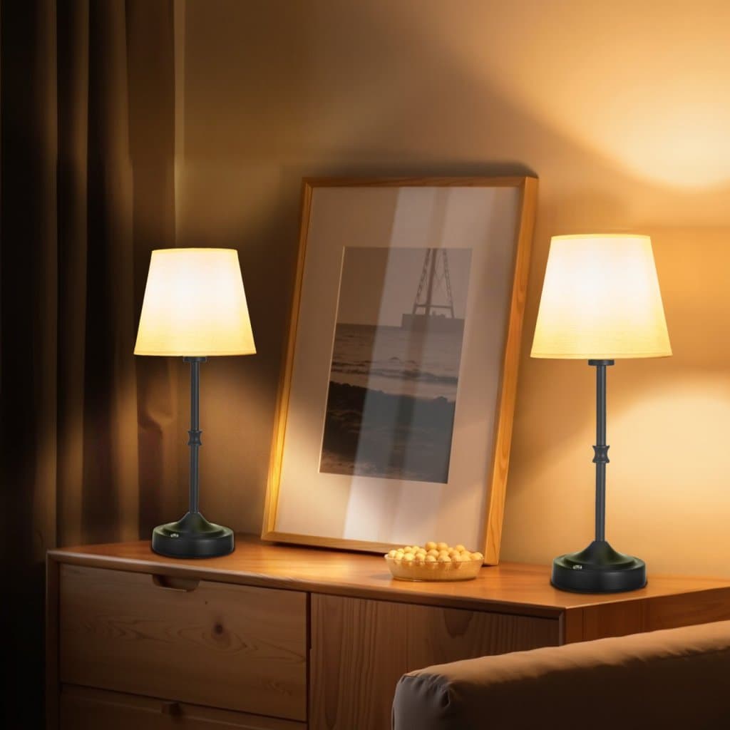 Lampa stołowa bezprzewodowa, 2 szt., akumulator, lampa stołowa z kloszem z tkaniny, czarna