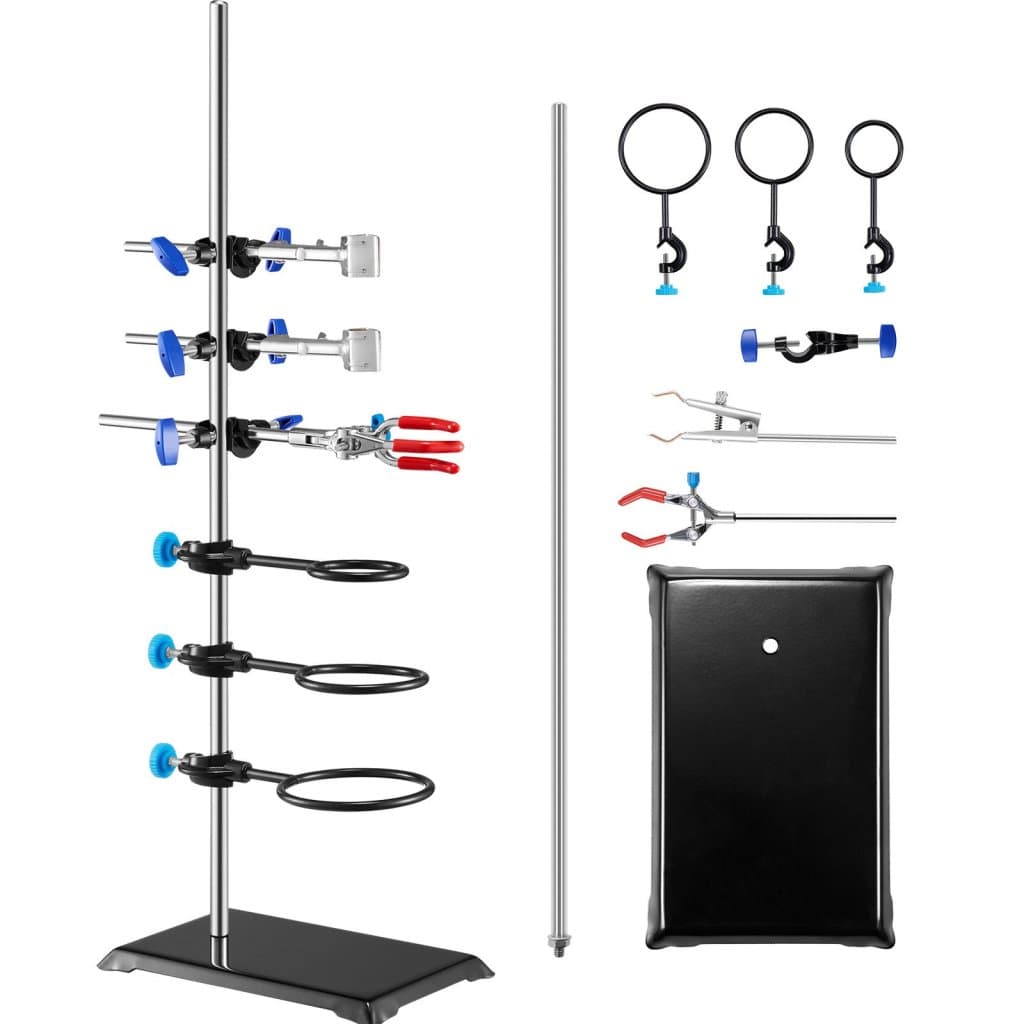 Podpórka pod statyw laboratoryjny, zestaw podpórek pod retortę laboratoryjną, stalowy statyw laboratoryjny z prętem 23,6" i żeliwną podstawą 8,3" x 5,3", zawiera zaciski do kolb, zacisk biurety i zaciski krzyżowe
