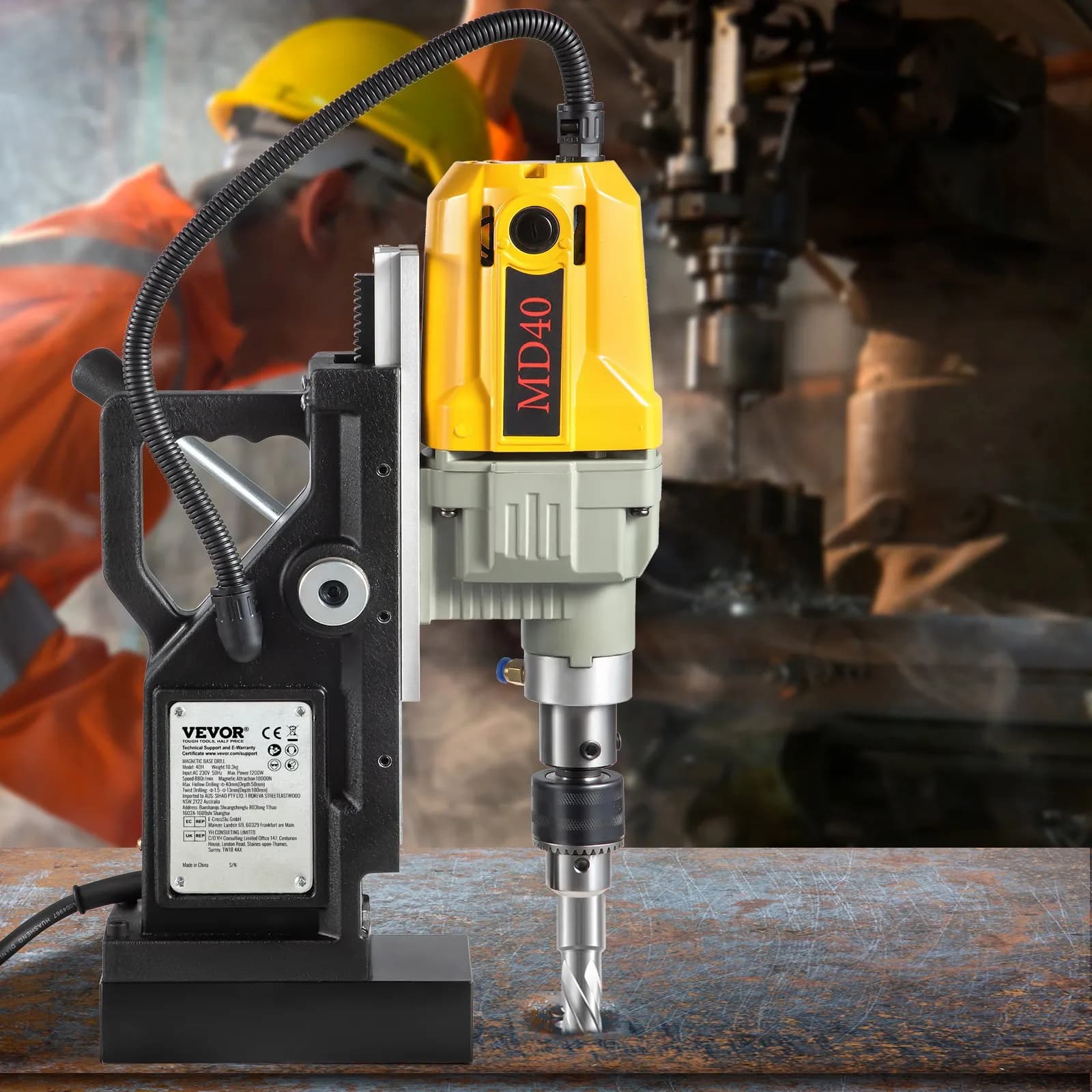 Wiertarka magnetyczna, 1100 W, średnica otworu 4 cm, 2697 lbf/12000 N, przenośna elektryczna wiertarka magnetyczna z 7 bitami, maks. prędkość 580 obr./min. Wiertarka do każdej powierzchni i prac remontowych
