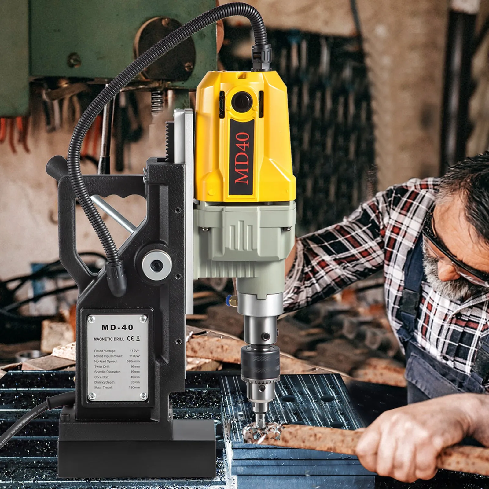 Wiertarka magnetyczna, 1100 W, średnica otworu 4 cm, 2697 lbf/12000 N, przenośna elektryczna wiertarka magnetyczna z 12 bitami, maks. prędkość 580 obr./min. Wiertarka do każdej powierzchni i prac remontowych