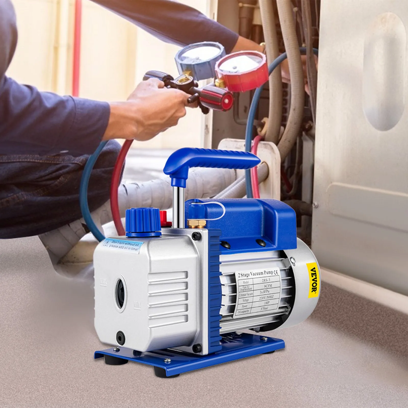 Pompa próżniowa 9 CFM 1 HP dwustopniowa pompa próżniowa do klimatyzacji 220 V 5 PA Najwyższej jakości pompa próżniowa do czynnika chłodniczego HVAC Air Tool z obrotowymi łopatkami do naprawy samochodów i ewakuacji próżniowej