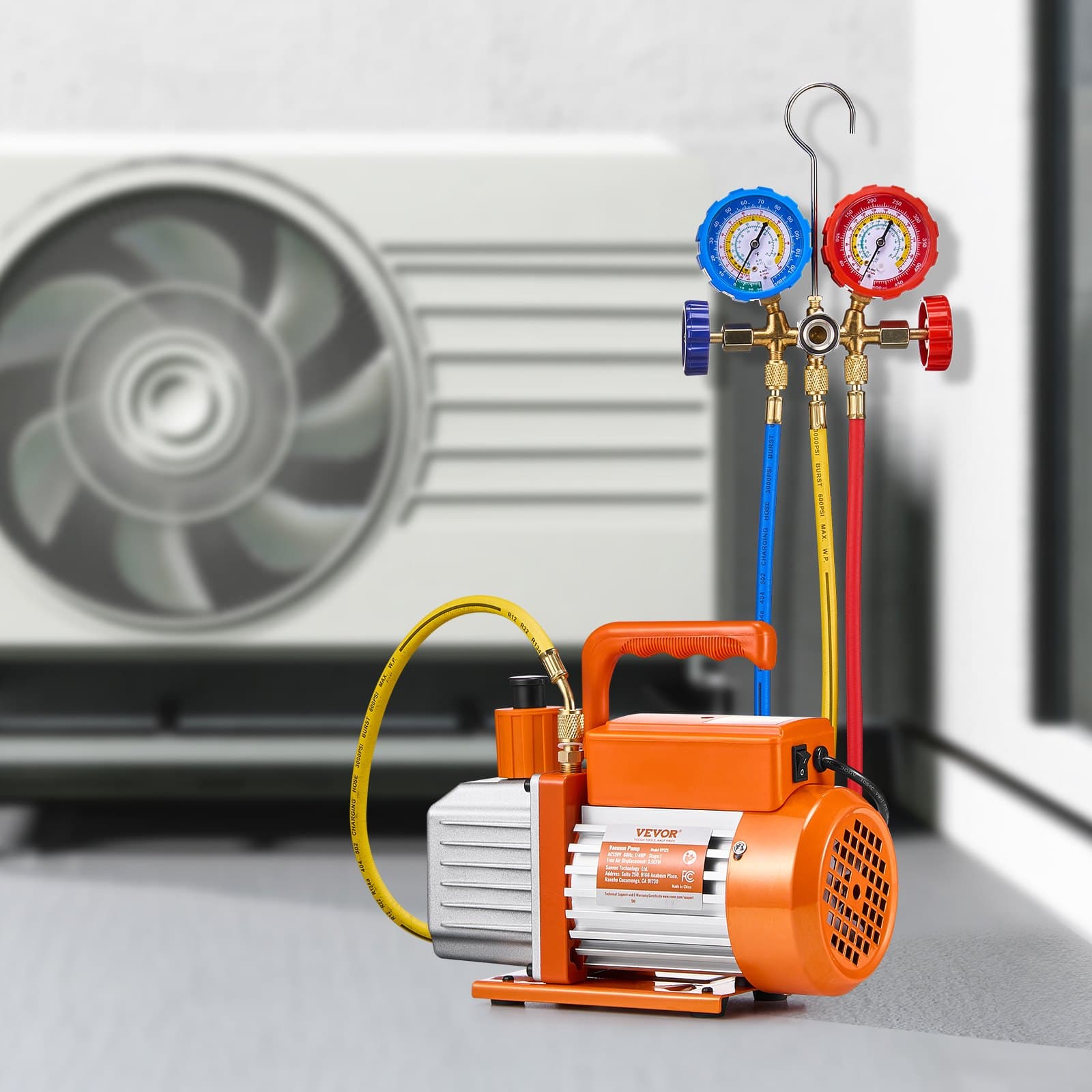 Pompa próżniowa jednostopniowa z łopatkami obrotowymi i zestaw manometrów do systemów HVAC o wydajności 3,5 CFM, kompatybilna z czynnikami chłodniczymi R134a, R22, R12 i R502