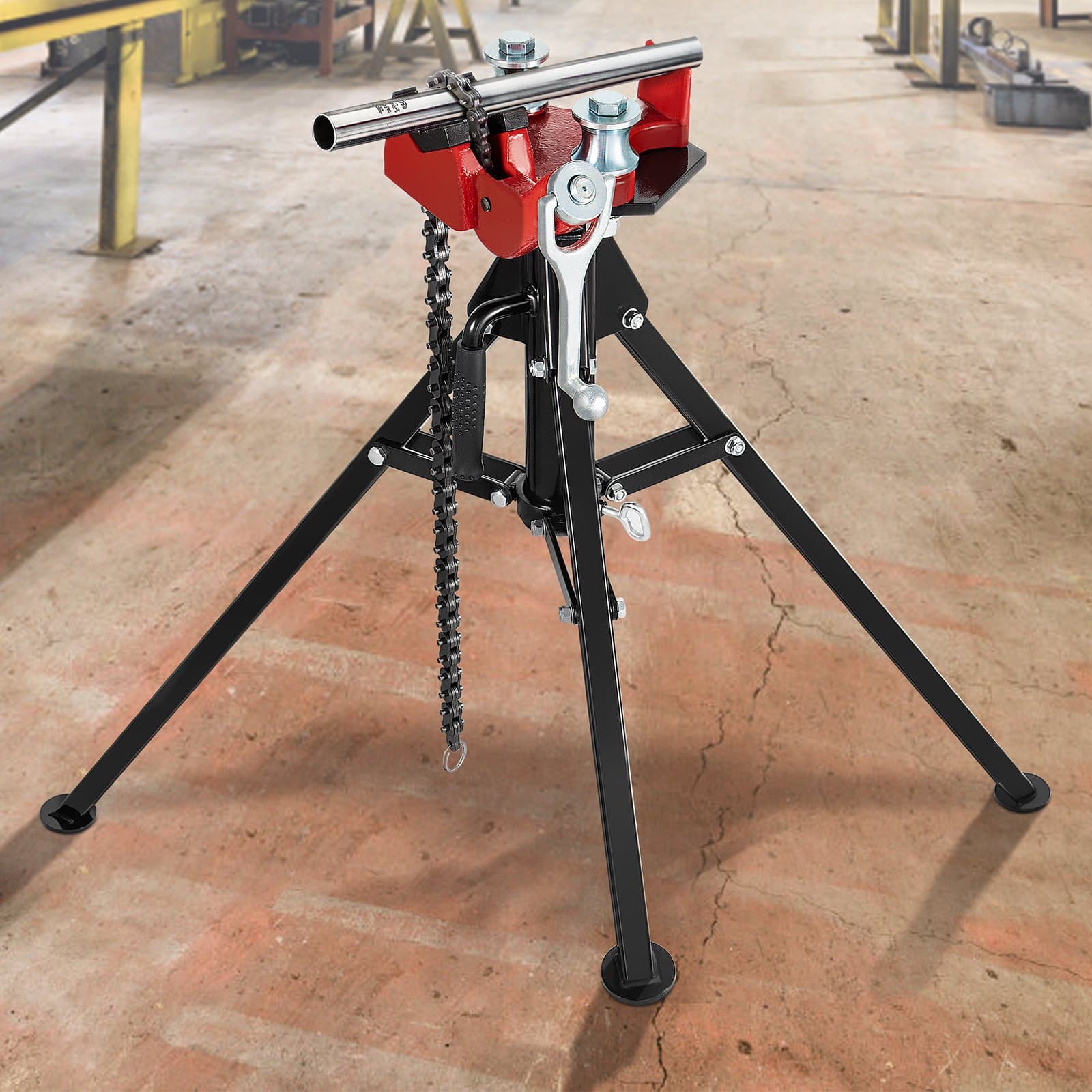 Imadło łańcuchowe do rur na trójnogu | Zakres pracy z rurami 1/8"-5" | Długość 92,5 cm | Przenośne składane stalowe nogi | Chwytanie, podtrzymywanie i gięcie rur | Idealne do fabryk, warsztatów i użytku domowego
