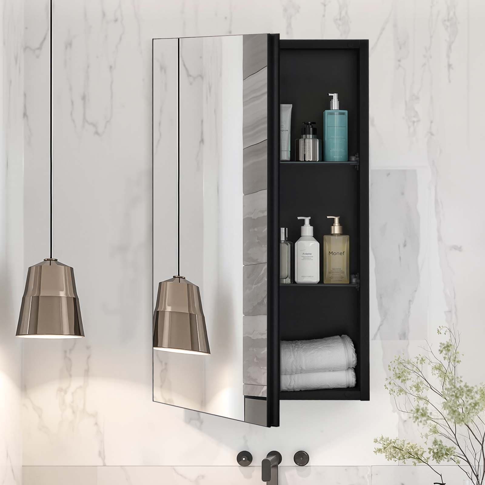 Szafka na leki, 14 x 24 cale, szafka na leki do łazienki z lustrem, aluminiowa rama szafki łazienkowej, 2-warstwowe regulowane półki, montaż wpuszczany i naścienny