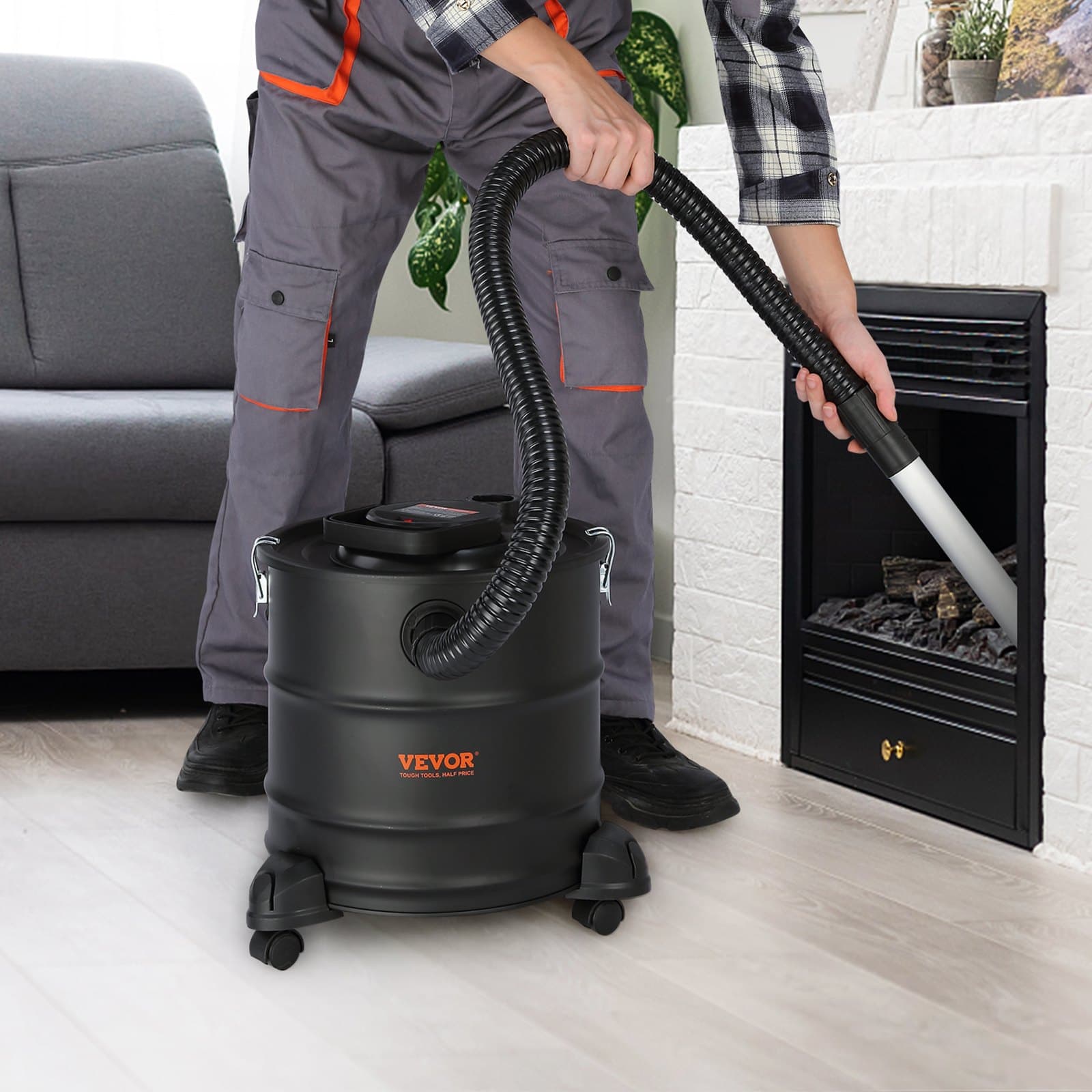 Odkurzacz do popiołu, 20 l, moc ssania 1200 W, pojemnik na popiół z elastycznym wężem 1,2 m i kółkami, do kominków, pieców na pellet, pieców opalanych drewnem, grilli, pieców do pizzy, palenisk