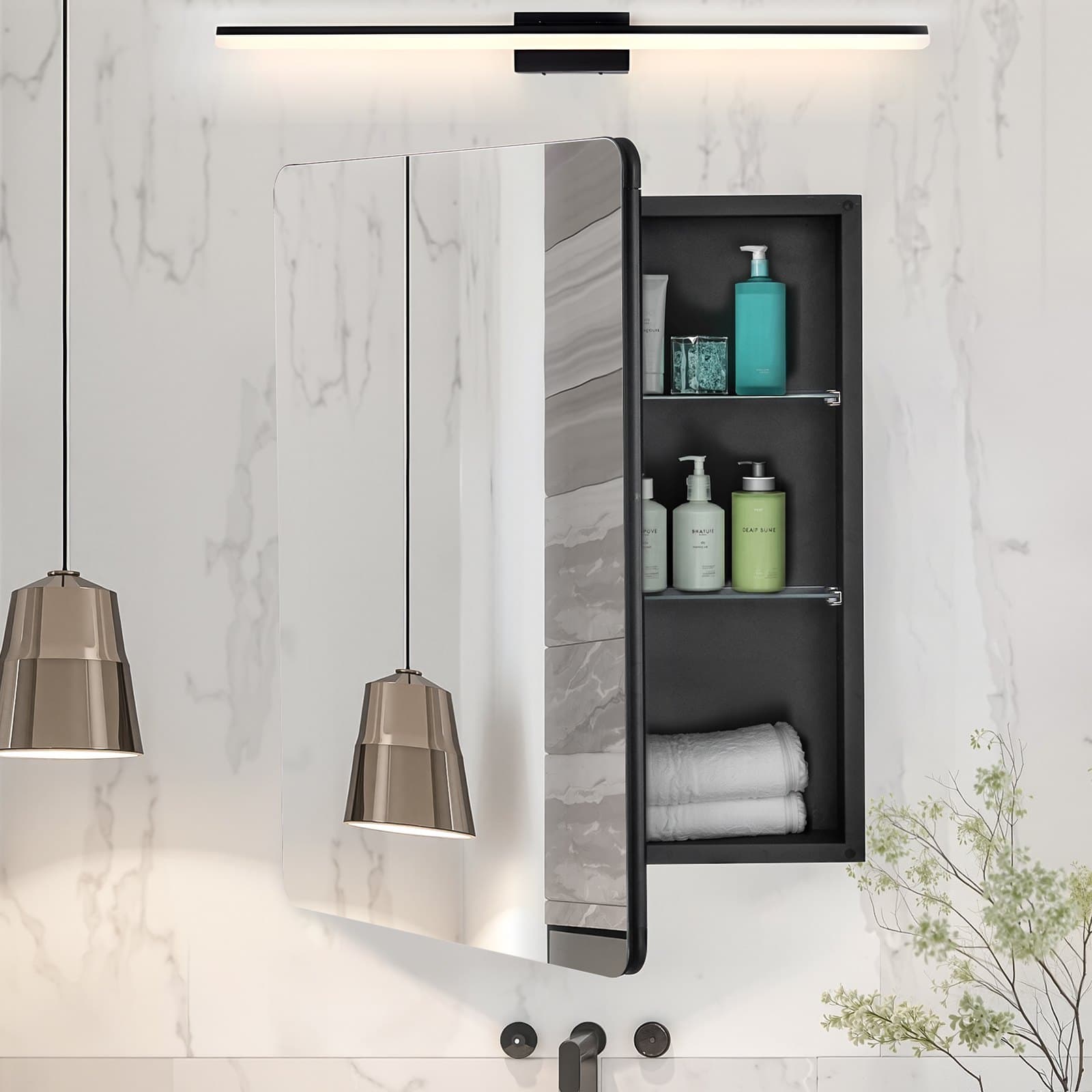 Szafka na leki, 24 x 30 cali, szafka na leki do łazienki z lustrem, aluminiowa rama szafki łazienkowej, 2-warstwowe regulowane półki, montaż wpuszczany i ścienny