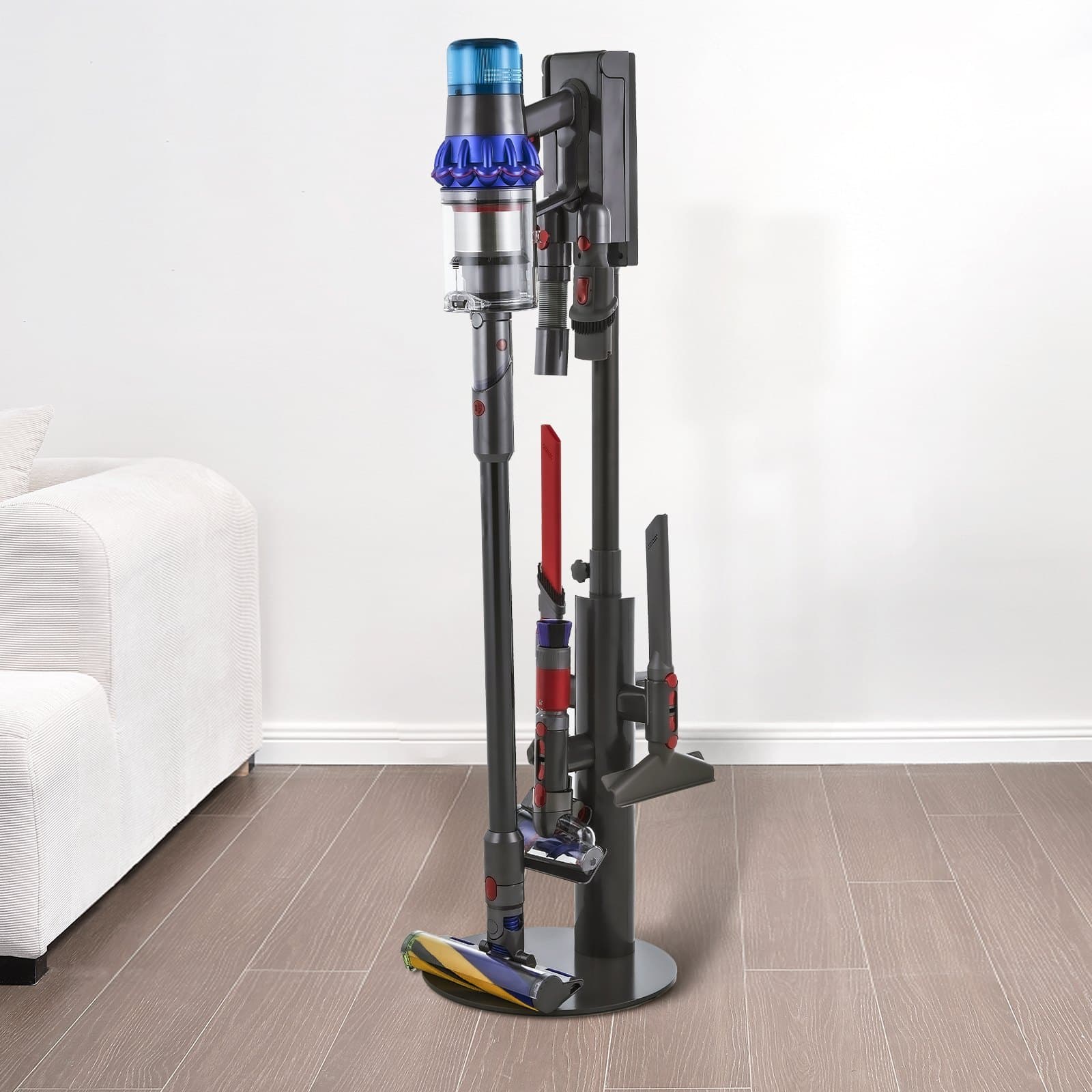 Stojak na odkurzacz, kompatybilny z odkurzaczami pionowymi Dyson V7 V8 V10 V11 V12 V15 SV10 SV12 SV14 SV18 SV21 i akcesoriami, stabilny uchwyt stojaka na odkurzacz z 3 klipsami i regulowaną wysokością