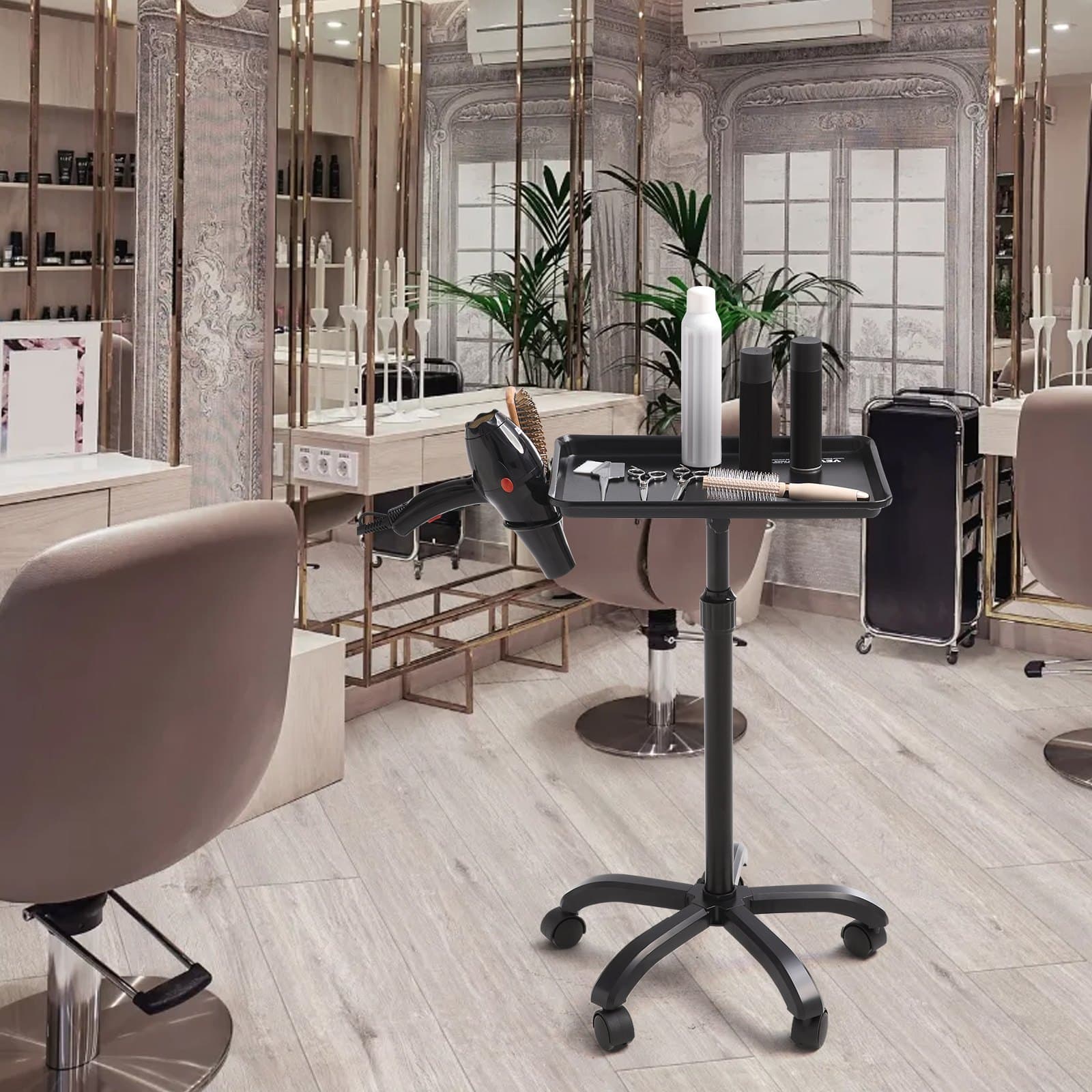 Wózek na tace do salonu, regulowana wysokość 762-1092,2 mm, taca do salonu, walcowana na zimno, z 5 kółkami (2 blokowane) do gabinetu fryzjerskiego SPA, czarny