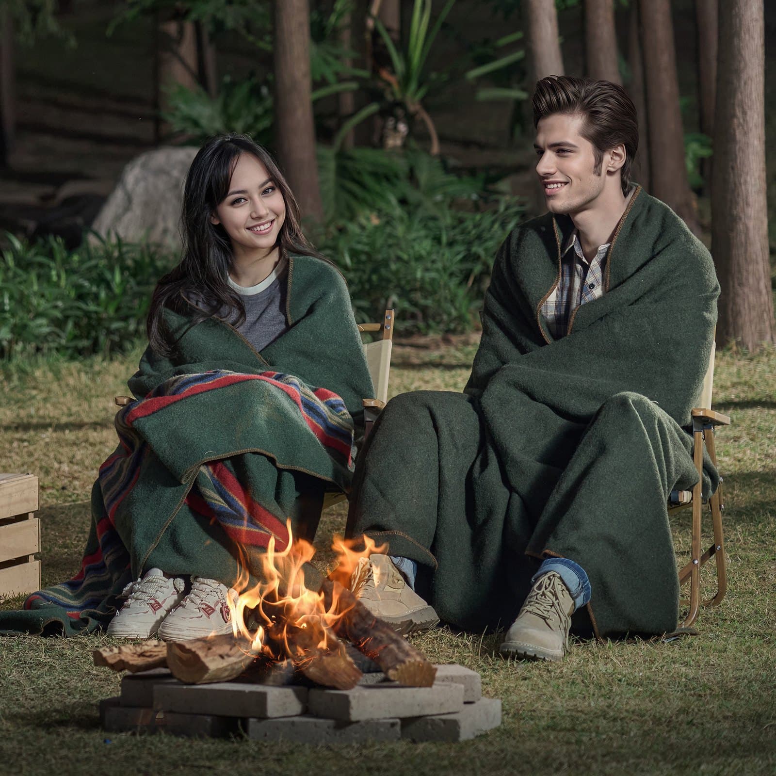 Wełniany koc kempingowy 1,62x2,23 m / 64" x 88" Ciepły na kemping, piesze wędrówki, podróże, zieleń wojskowa