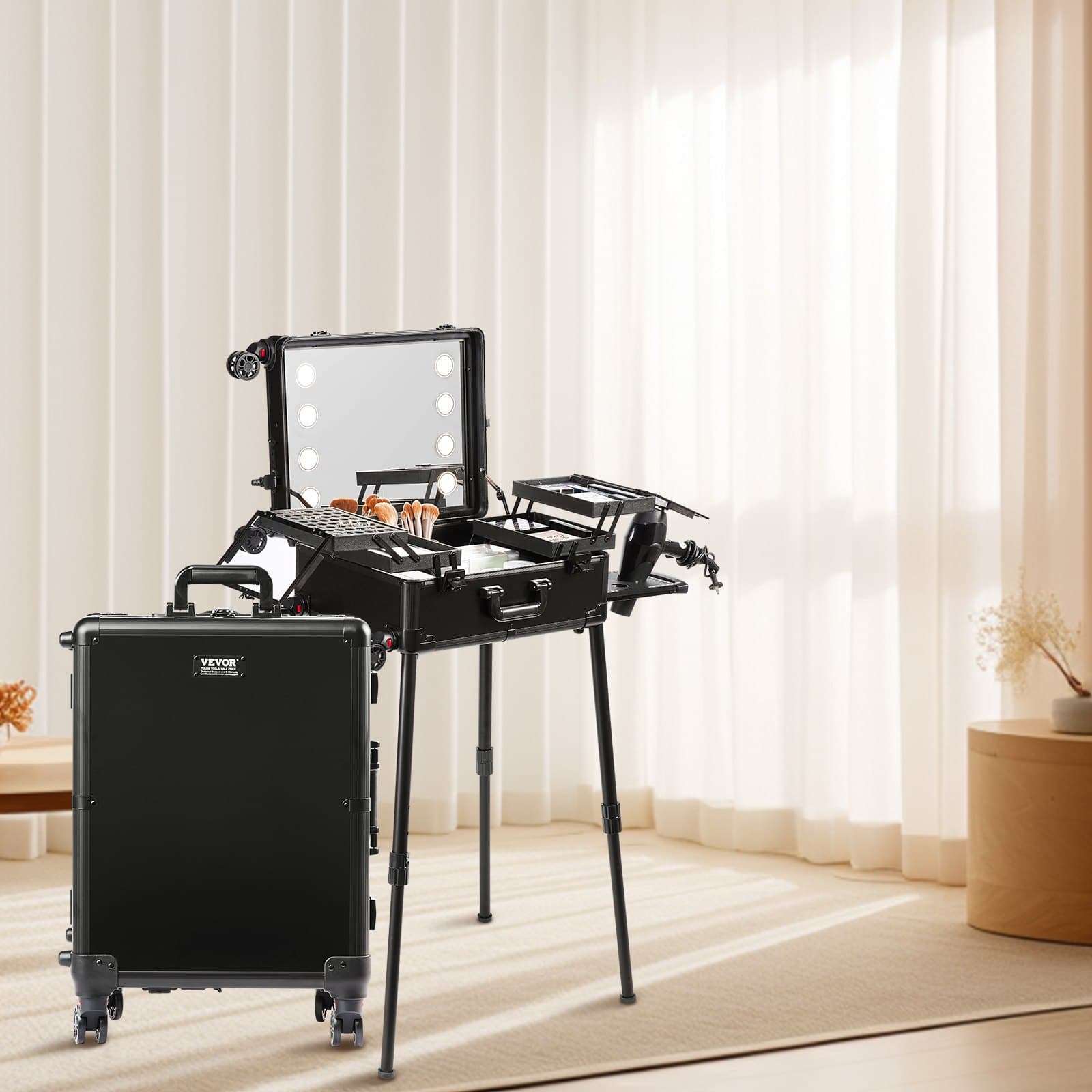 Walizka na kosmetyki z zamkiem, podświetlanym lustrem, 4 tackami do przechowywania, uchwytem na pędzle, organizerem na kosmetyki podróżne z obrotowymi kółkami, profesjonalny wózek dla artysty, wolnostojący kufer studyjny