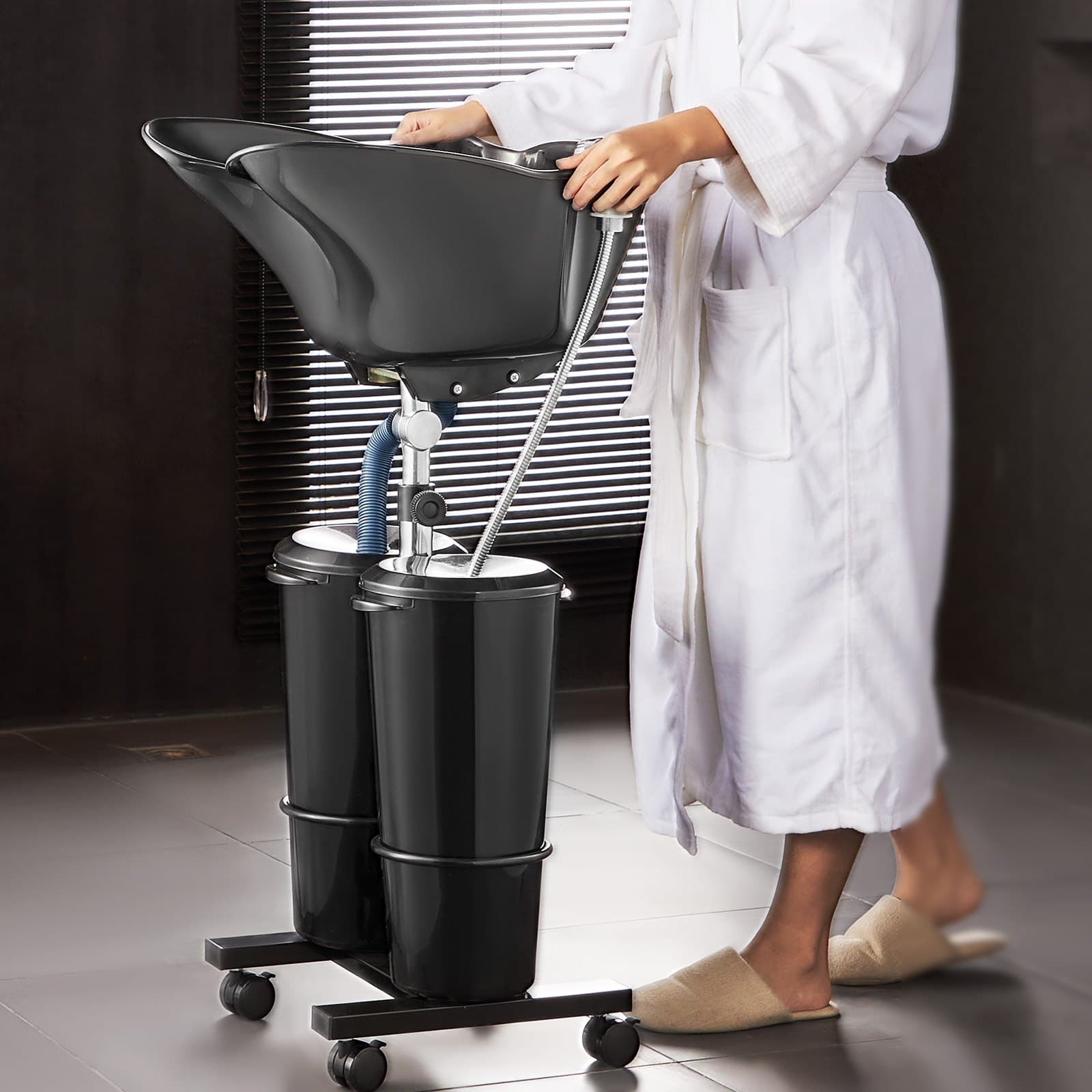 Przenośna umywalka do mycia włosów, zlew do mycia włosów z pompką elektryczną, zawiera 2 wiadra, 2 słuchawki prysznicowe, wąż spustowy, regulowaną wysokość i kąt, przenośna umywalka do użytku w salonie domowym, czarna