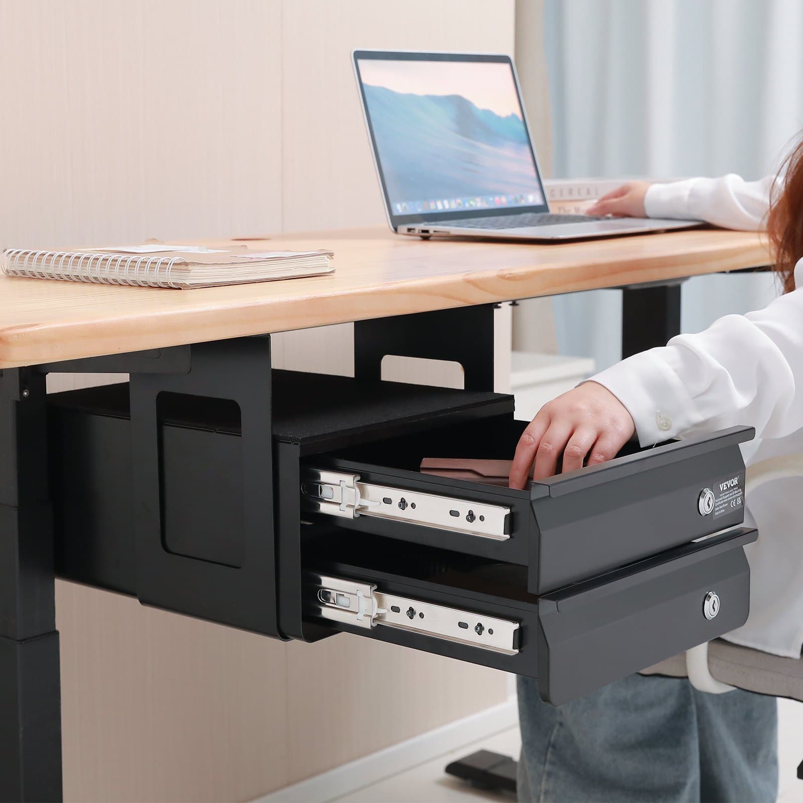 13-calowa szeroka wysuwana szuflada pod biurko, wysuwana szuflada pod stół, ukryty organizer na 2 warstwy, zamykana szuflada na ołówki pod blatem do stanowiska pracy siedząco-stojącego, 14x13x10 cali