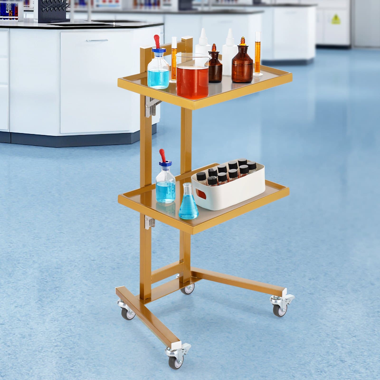 Wózki laboratoryjne ze stali nierdzewnej z 2 poziomami, wózek laboratoryjny z 2 tacami, mobilny wózek medyczny z 4 cichymi kółkami, wózek laboratoryjny na kółkach do laboratorium, kliniki, szpitala, salonu, Golden