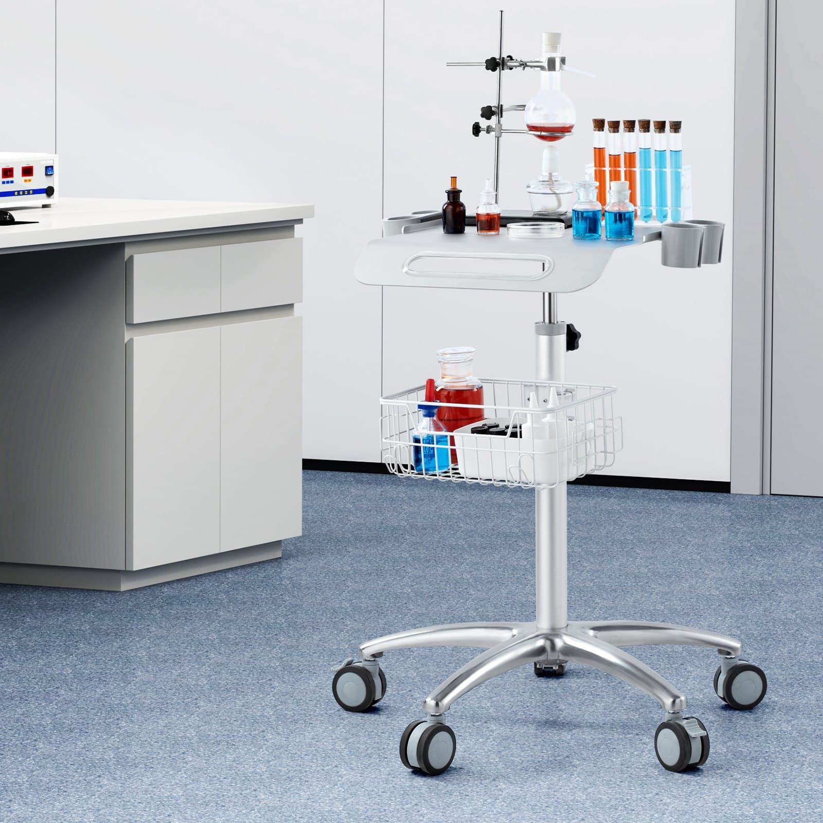 Wózek medyczny, wózek salonowy z kółkami, mobilny wózek 680-1090 mm z regulacją wysokości, metalowe stanowiska fryzjerskie, mobilny wózek laboratoryjny na biurko do kliniki, salonu kosmetycznego i kosmetycznego
