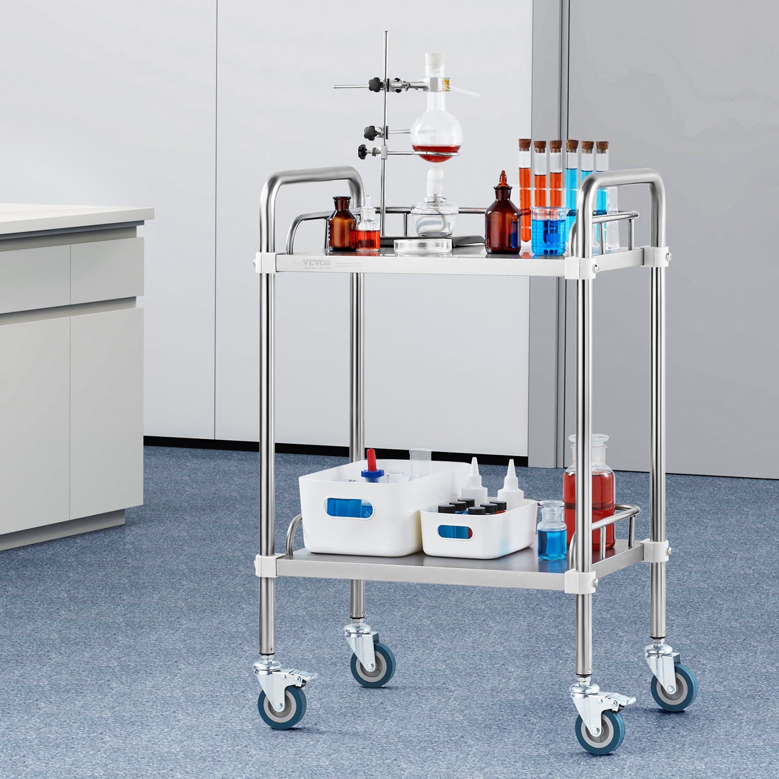 Wózek laboratoryjny na kółkach, wózek laboratoryjny ze stali nierdzewnej z 2 półkami, wózek do serwowania z kółkami obrotowymi, wózek narzędziowy do gabinetu stomatologicznego, laboratorium, szpitala, salonu, 385 x 548 x 865 mm