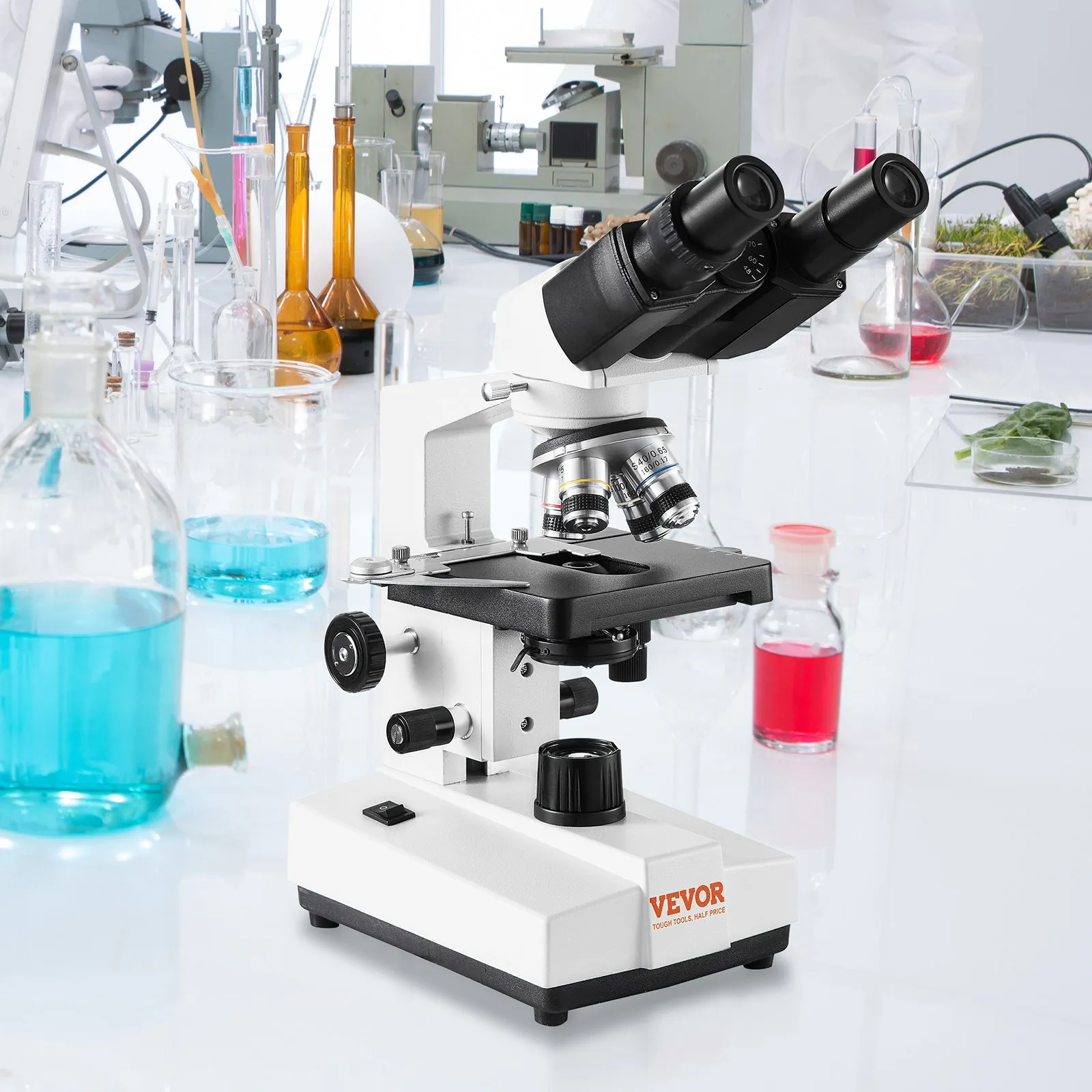 Mikroskop złożony dwuokularowy, powiększenie 40X–2500X, mikroskop laboratoryjny złożony dwuokularowy z oświetleniem LED, dwuwarstwowy stolik mechaniczny, w zestawie uchwyt na telefon i szkiełka mikroskopowe