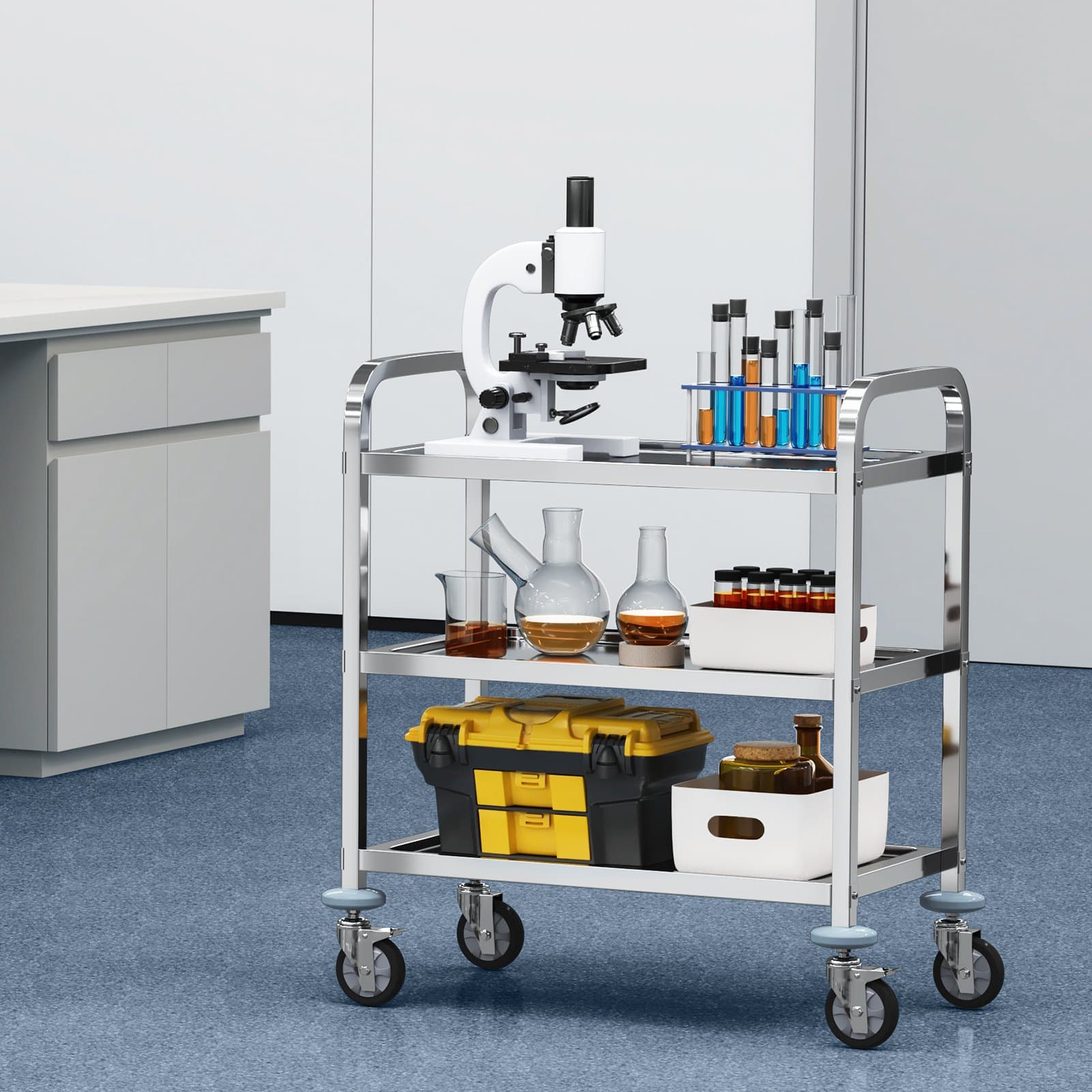 Wózek ze stali nierdzewnej, 3-warstwowy wózek laboratoryjny o udźwigu 181,4 kg, wózek medyczny z blokowanymi kołami uniwersalnymi, do laboratorium, kliniki, kuchni, salonu