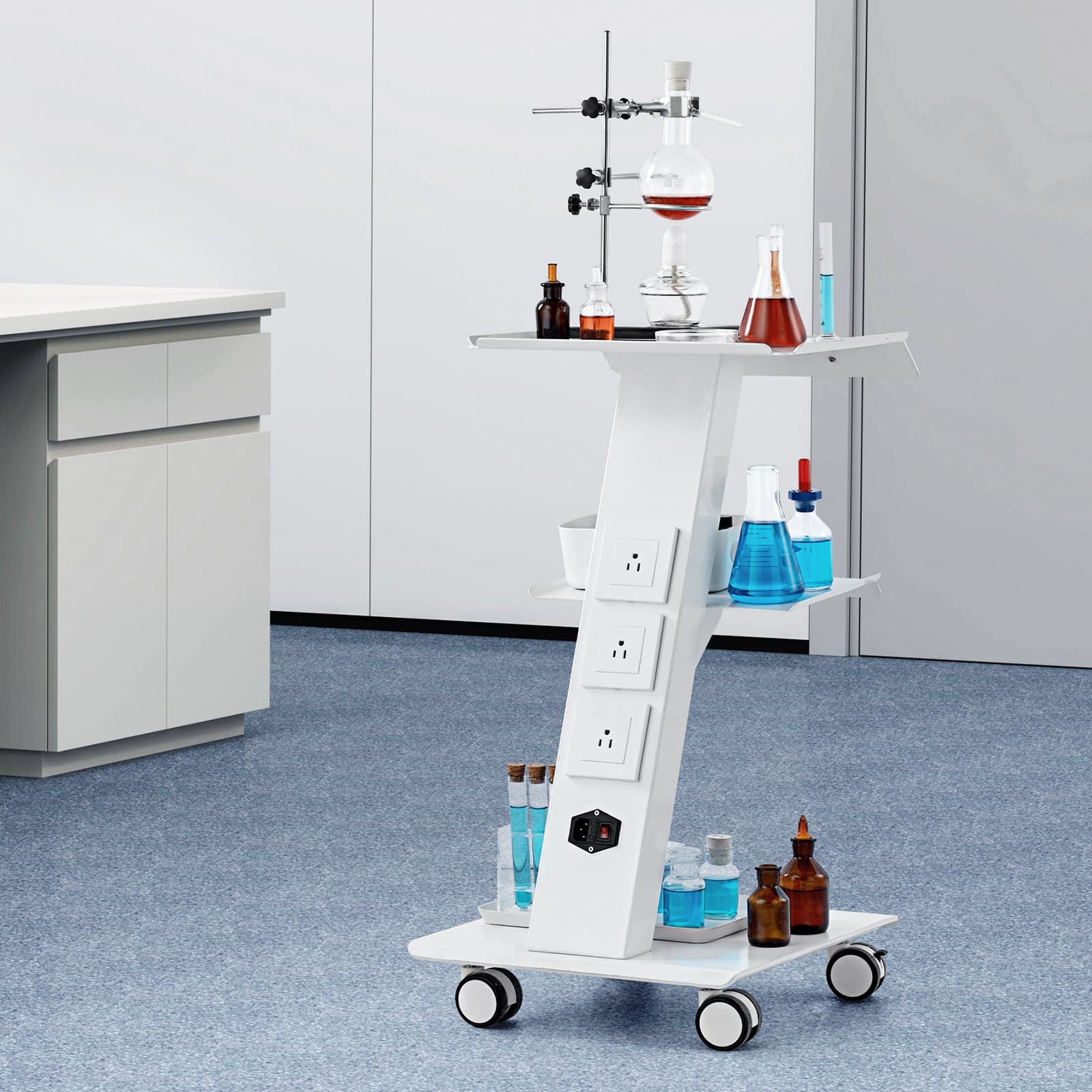 Wózek laboratoryjny, mobilny wózek laboratoryjny z wbudowanym gniazdem, 3-warstwowy metalowy wózek mobilny, mobilny wózek kliniczny z tacką i kółkami obrotowymi, udźwig 220 funtów, do laboratorium, kliniki, salonu kosmetycznego i salonu