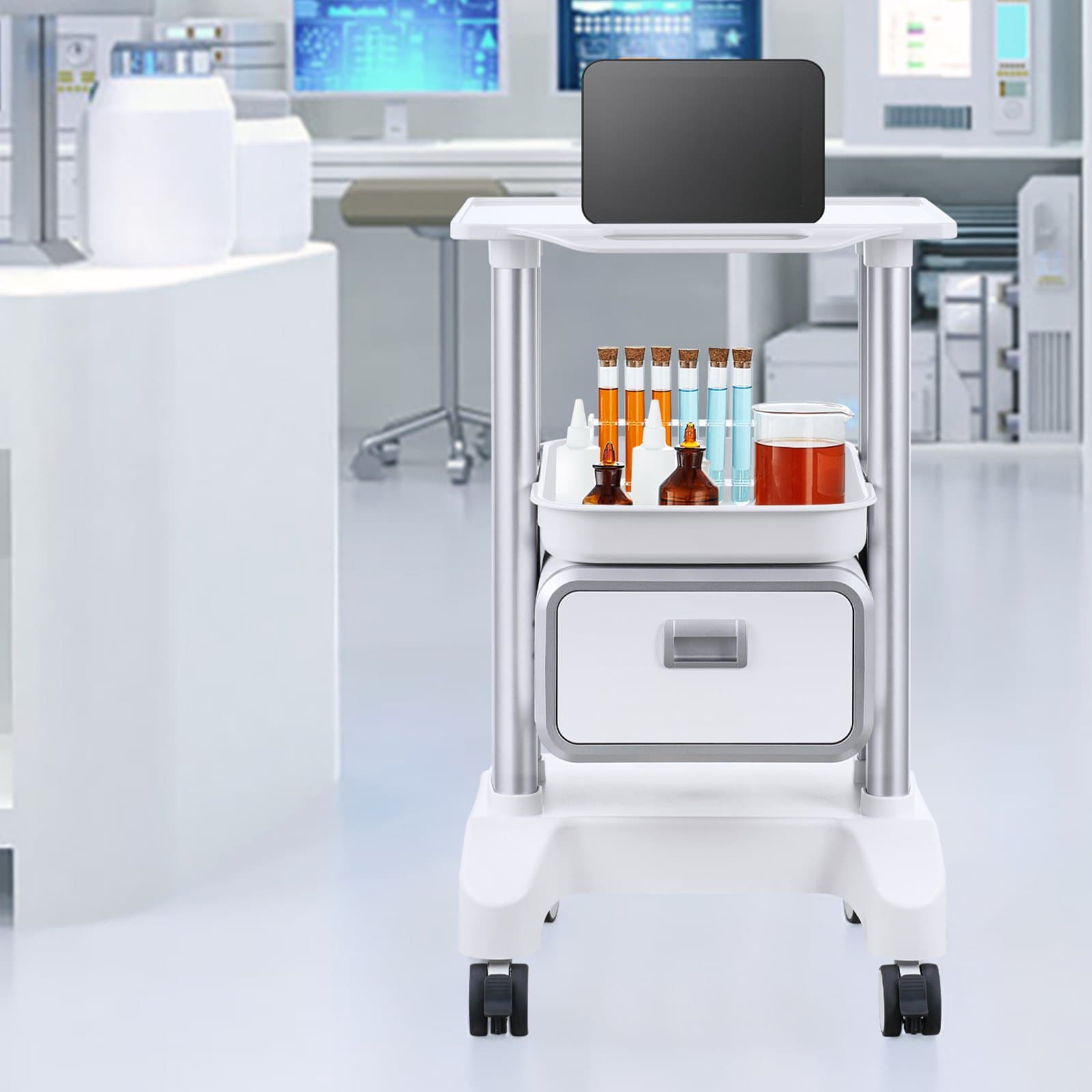 Wózki laboratoryjne dwupoziomowe, wózek laboratoryjny z 1 szufladą i 1 górną tacką, mobilny wózek medyczny z tworzywa ABS, wózek laboratoryjny na kółkach z 4 cichymi kółkami do laboratorium, kliniki, szpitala, salonu, biały
