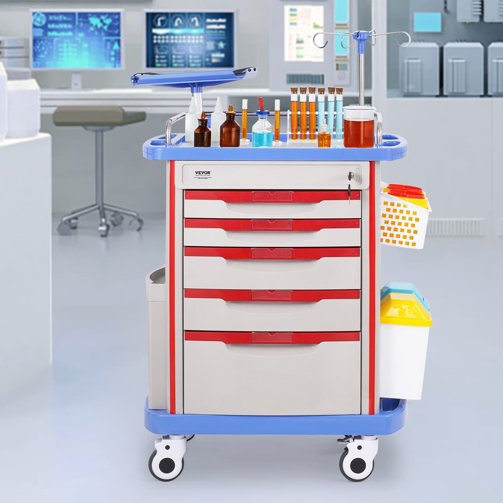 Wózki laboratoryjne 5-poziomowe, wózek laboratoryjny z 5 szufladami i 4 cichymi kółkami, mobilny wózek medyczny z materiału PP, wózek laboratoryjny na kółkach z 2 koszami na śmieci do laboratorium, kliniki, szpitala, salonu, niebieski