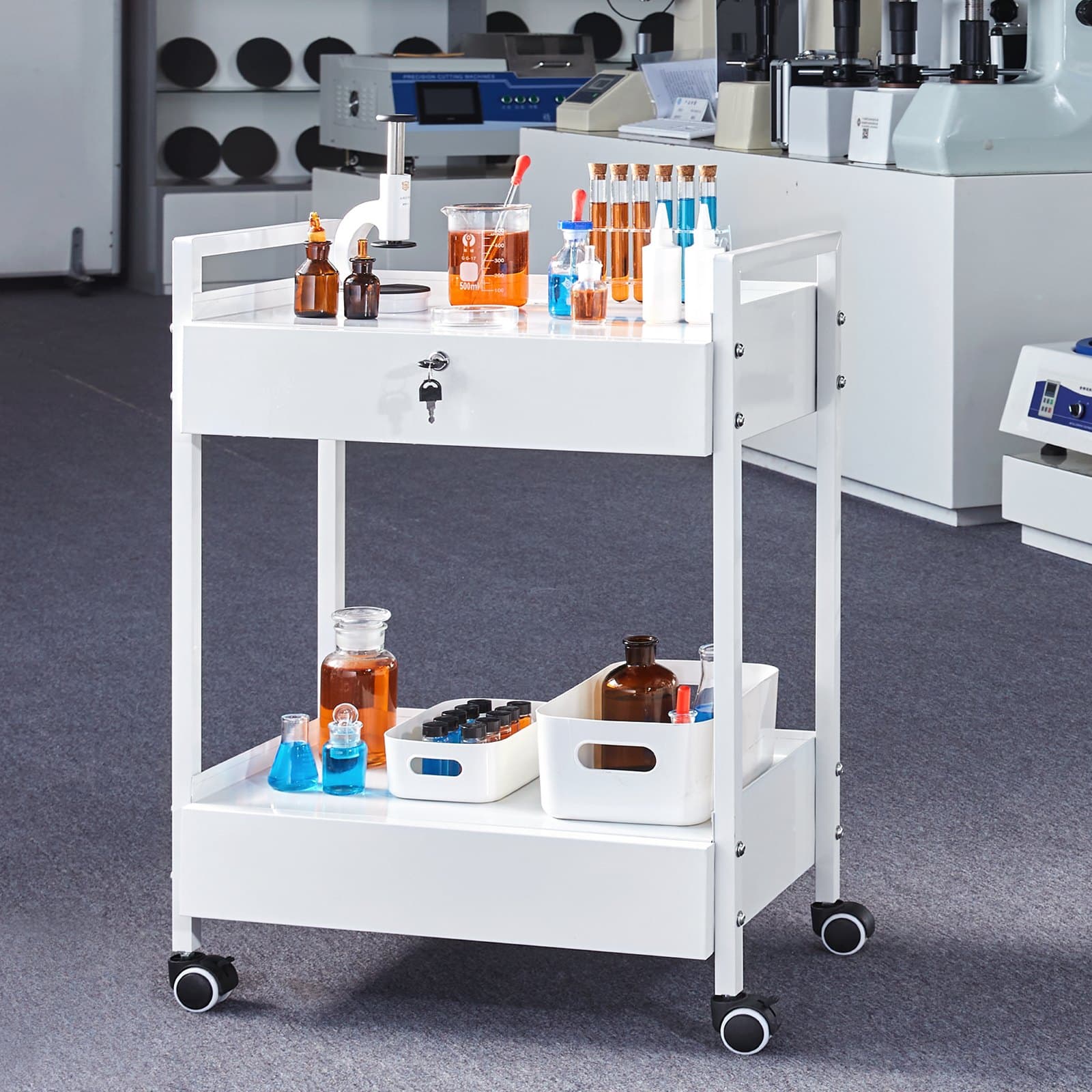 Wózek laboratoryjny, 2-poziomowy wózek narzędziowy ze stali nierdzewnej, wózek medyczny z 2 szufladami, wózek laboratoryjny na kółkach, malowany na biało, wózek do serwowania z kółkami obrotowymi do laboratorium, szpitala, gabinetu stomatologicznego, salonu i kosmetyczki