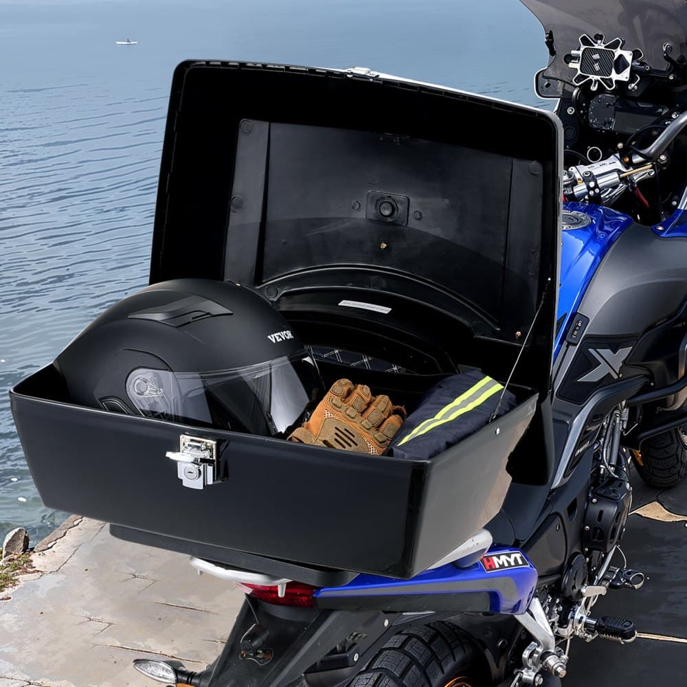 Kufer motocyklowy, uniwersalny, wytrzymały kufer motocyklowy z materiału PP z panelem odblaskowym, wodoodporny, odpinany kufer motocyklowy o pojemności 48 l z podstawą z wieloma otworami, pasujący do 99% ram motocyklowych