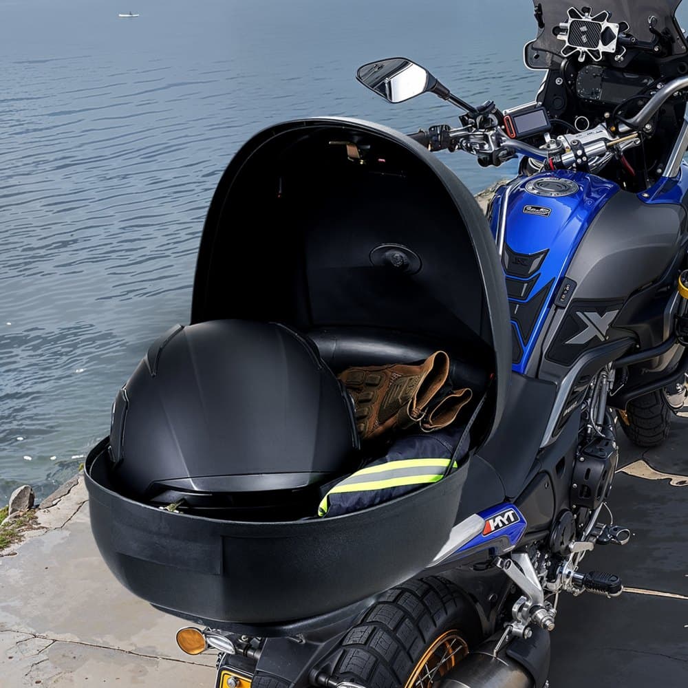 Kufer motocyklowy, uniwersalny, wytrzymały kufer motocyklowy z materiału PP z panelem odblaskowym, wodoodporny, odpinany kufer motocyklowy o pojemności 24 l z podstawą z wieloma otworami, pasujący do 99% ram motocyklowych