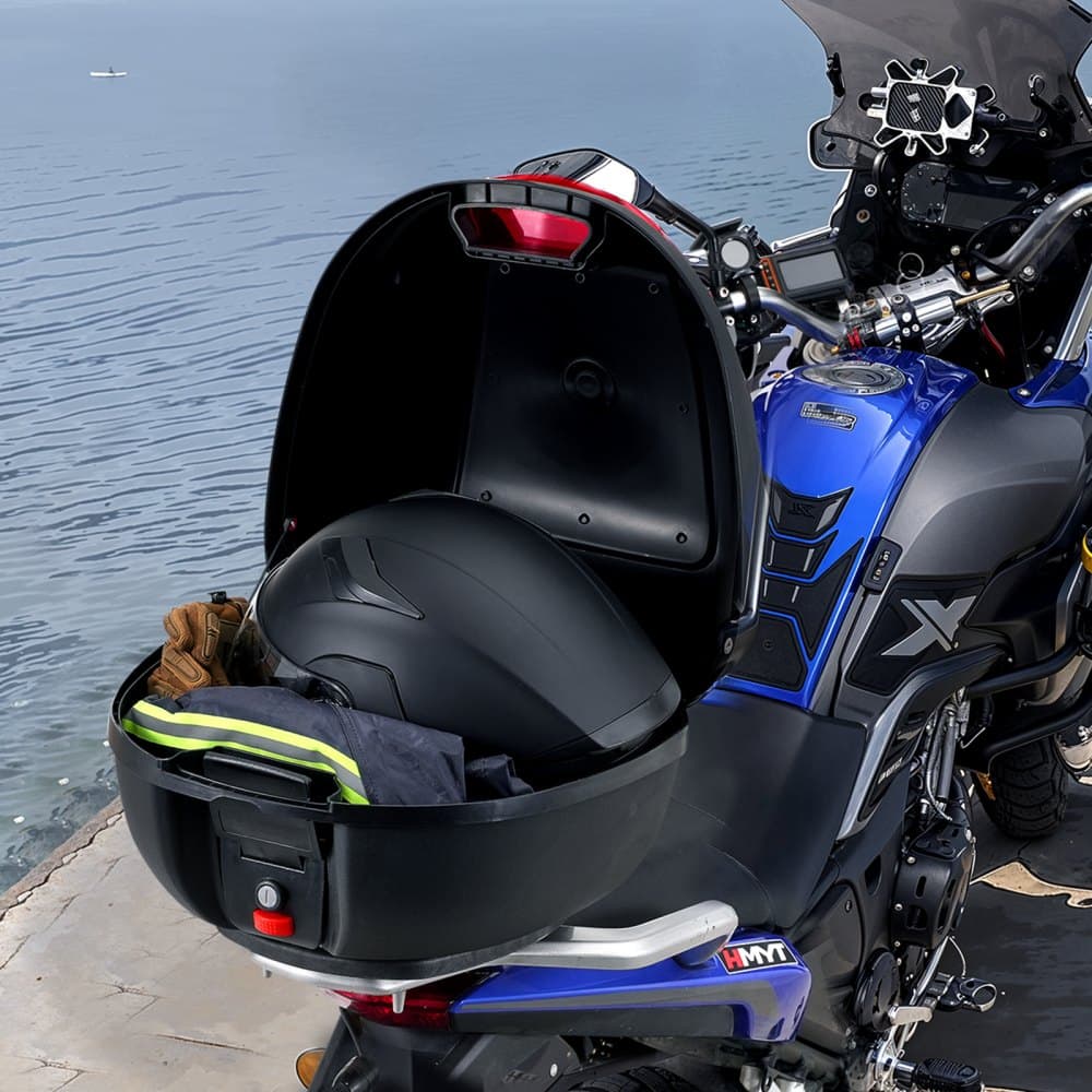 Kufer motocyklowy, uniwersalny, wytrzymały kufer motocyklowy z materiału PP z panelem odblaskowym, wodoodporny, odpinany kufer motocyklowy o pojemności 38 l z podstawą z wieloma otworami, pasujący do 99% ram motocyklowych