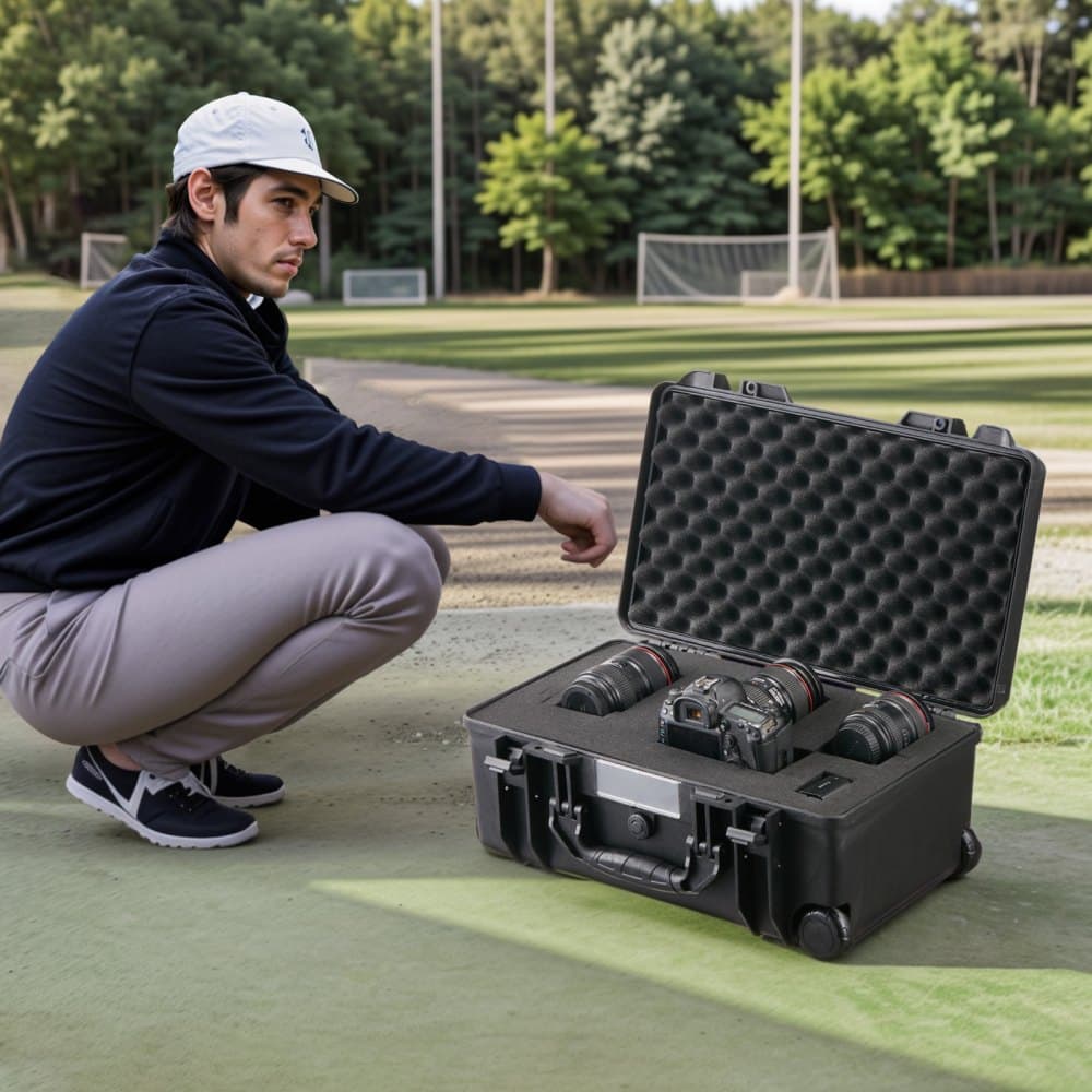 Wodoodporna, twarda obudowa, wytrzymała, ochronna, sucha obudowa z wyciętą pianką, kółkami i chowanymi uchwytami do podróży, polowań, zastosowań wojskowych i taktycznych, wodoodporna obudowa IP67 do aparatów (64x51x25)