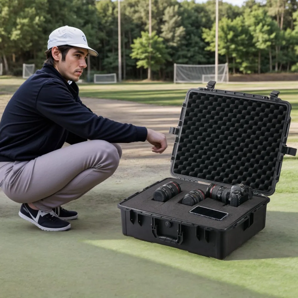 Wodoodporna, twarda obudowa, wytrzymała, ochronna, sucha obudowa z wstępnie wyciętą pianką i chowanymi uchwytami do podróży, polowań, zastosowań wojskowych i taktycznych, wodoodporna obudowa IP67 do aparatów (56,1 x 37 x 26)