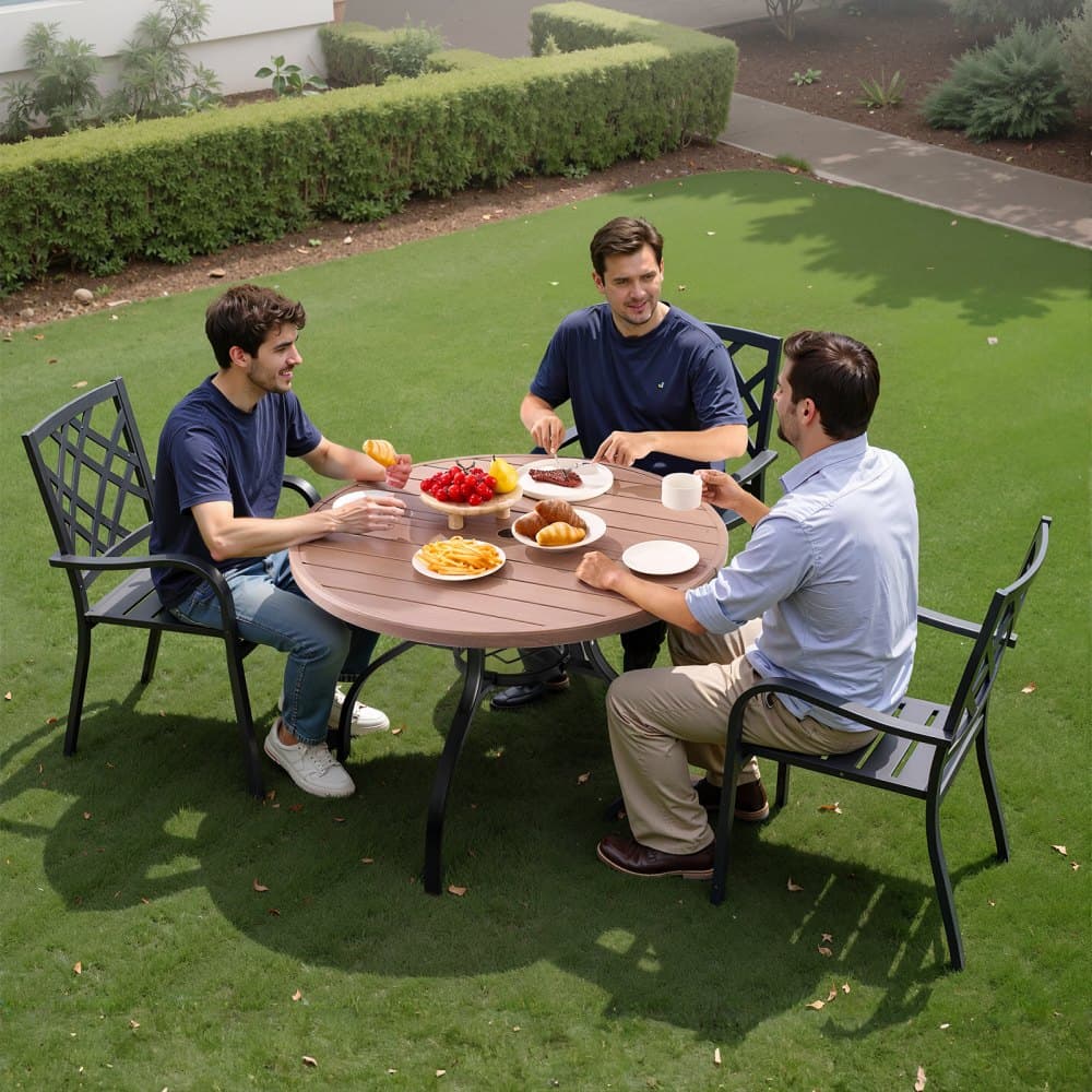 Stół jadalny na patio, okrągły, 103 cm, ze stali imitującej drewno, stolik kawowy do ogrodu, dla 4 osób, z otworem na parasol o średnicy 38 mm, duży mebel ogrodowy, odporny na warunki atmosferyczne, na trawnik, werandę, szary