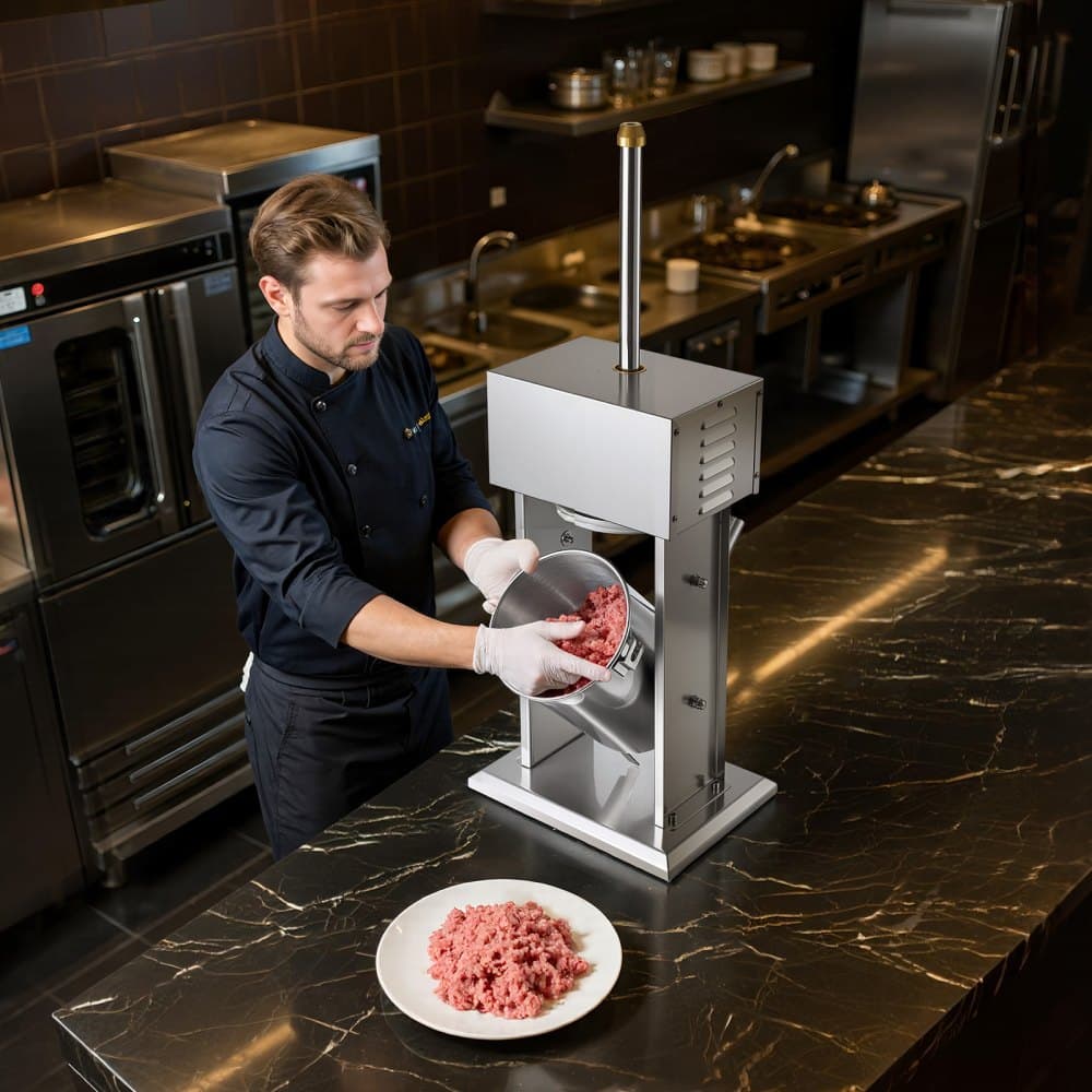 Elektryczna nadziewarka do kiełbas, pionowa nadziewarka do mięsa o pojemności 22 funtów / 10 litrów, bezstopniowa regulacja prędkości i pedał nożny, wytrzymała nadziewarka do kiełbas ze stali nierdzewnej z 4 tubami do nadziewania, do użytku komercyjnego i domowego