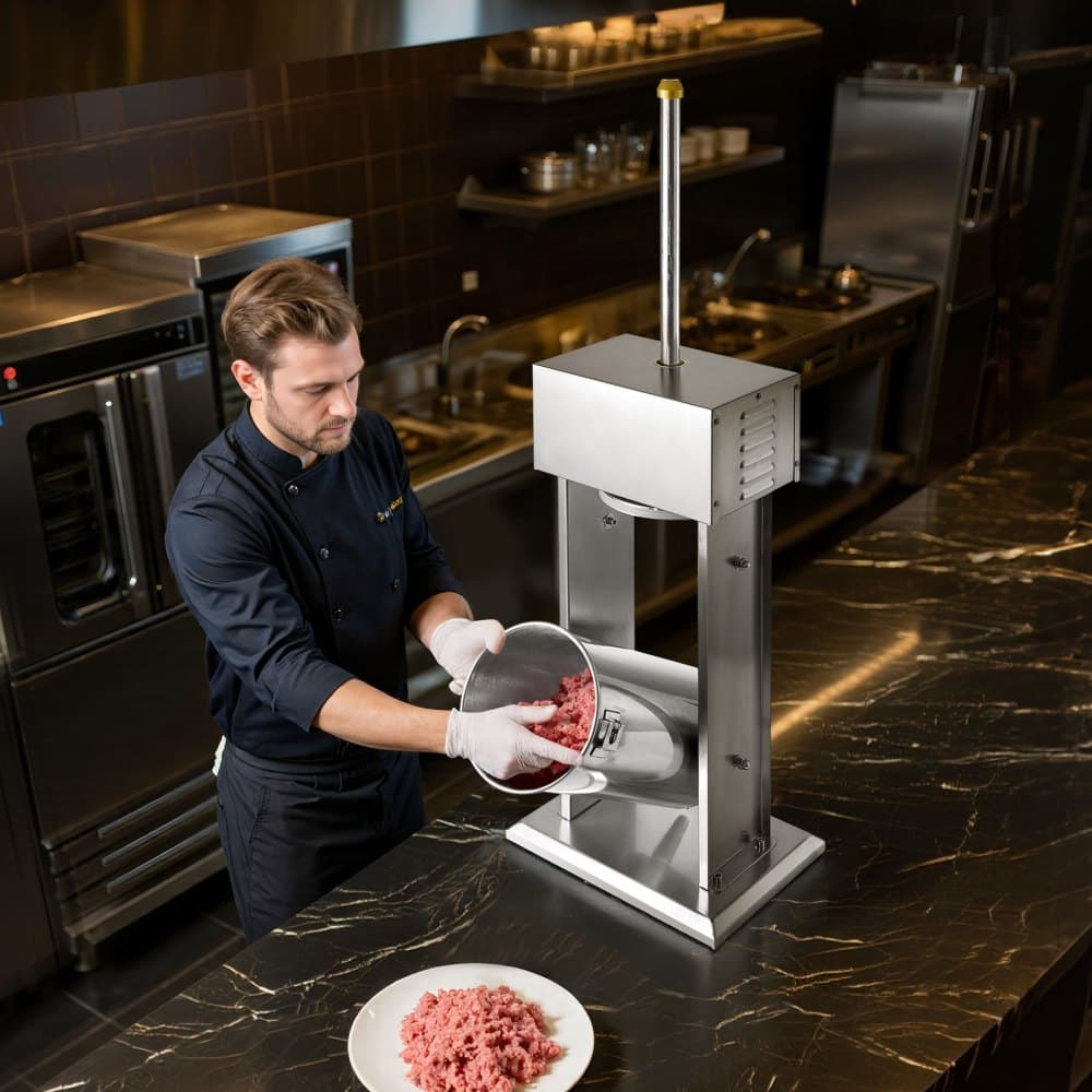 Elektryczna nadziewarka do kiełbas, pionowa nadziewarka do mięsa o pojemności 33 funtów / 15 litrów, bezstopniowa regulacja prędkości i pedał nożny, wytrzymała nadziewarka do kiełbas ze stali nierdzewnej z 4 tubami do nadziewania, do użytku komercyjnego i domowego