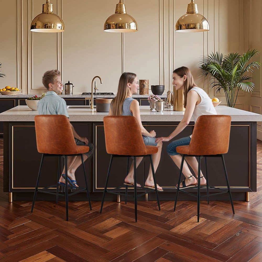 Zestaw 3 hokerów barowych, obrotowych, wysokość blatu 69 cm, nowoczesny hoker barowy ze skóry PU z oparciem i metalowymi nogami, krzesło barowe bez podłokietników, hoker barowy do kuchni i jadalni, brązowy