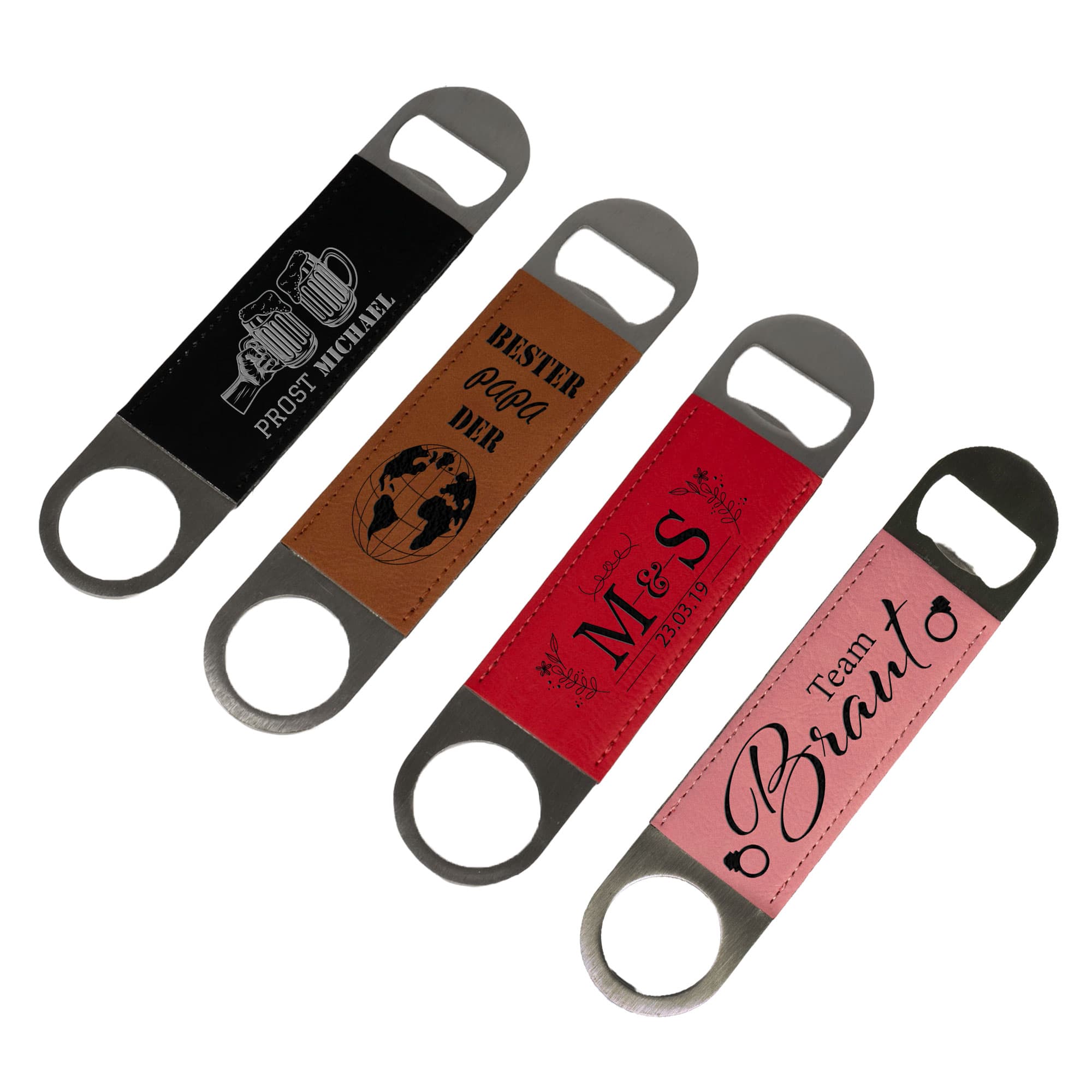 Otwieracz do butelek ze stali nierdzewnej z laserową powłoką ze skóry ekologicznej 40 x 117 mm, różne kolory