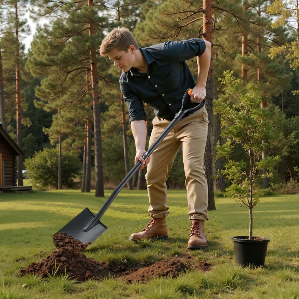 Łopata kwadratowa, 122 cm, wytrzymała, płaska, łopata transferowa z ostrzem ze stali stopowej i antypoślizgową rączką w kształcie litery D, odłączana i łatwa do przechowywania, do prac ogrodniczych, budowlanych, kopania i odśnieżania