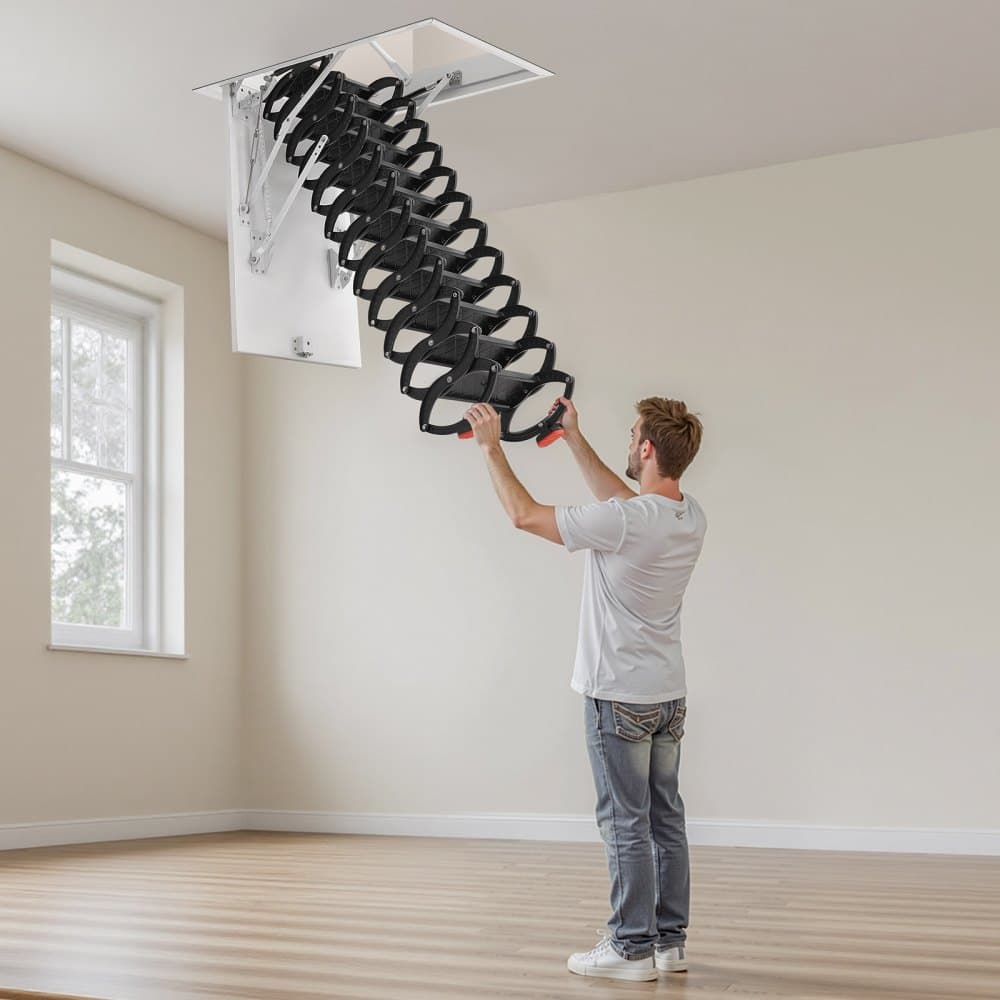 Drabina strychowa, udźwig 660 funtów/299,4 kg, pasuje do sufitów o wysokości od 10,5 do 11 stóp i o wymiarach otworu 39,4 x 27,5 cala, rozkładane schody sufitowe ze stali stopowej z drążkiem do ciągnięcia na strychu