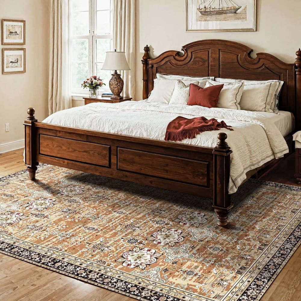 Dywan, 7,5 x 9,5 stopy, duży, zmywalny, antypoślizgowy i odporny na rozdarcia, miękki, przyjazny dla zwierząt i dzieci, dywanik w stylu vintage, mata do wnętrz do sypialni, salonu, biura, przedpokoju, brązowo-zielony