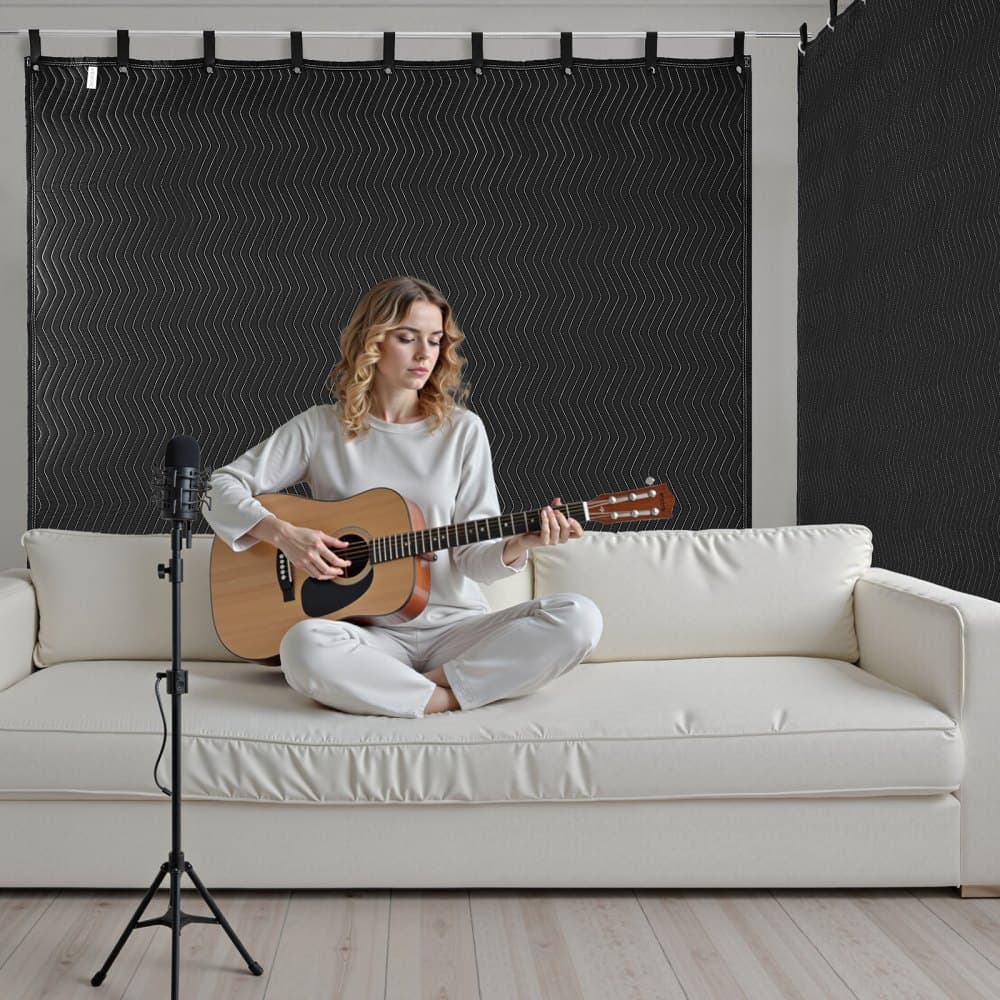 Zestaw 2 koców dźwiękochłonnych, 2438 x 2032 mm, bardzo duży koc dźwiękochłonny z przelotkami, koc studyjny z przelotkami i bawełnianym wypełnieniem, do okien, drzwi, blokowania światła, nagrywania muzyki