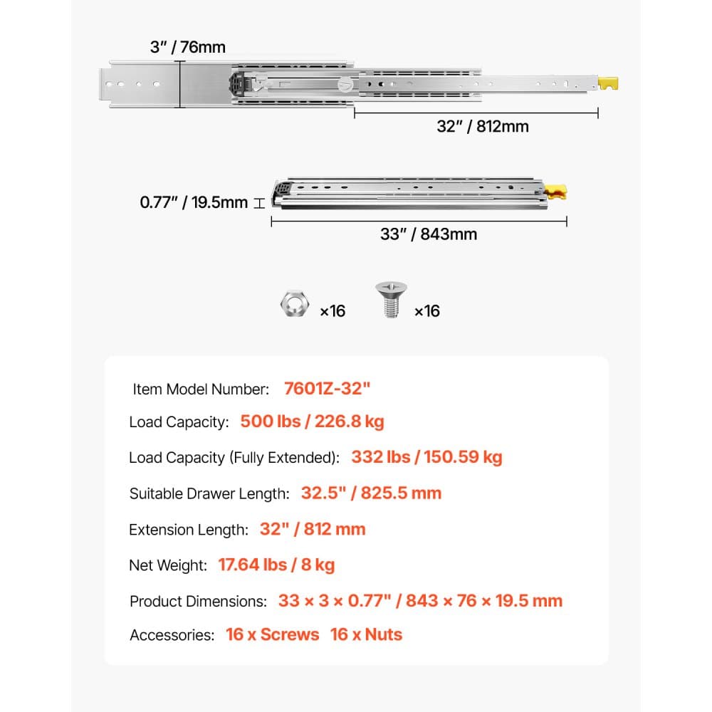 1 para prowadnic szuflad z pełnym wysuwem 18 20 22 28 30 32 36 38 40 44 48 52 56 60 cali, udźwig 500 funtów, prowadnice szuflad z blokadą, łożysko kulkowe z blokadą, prowadnica szuflady montowana z boku