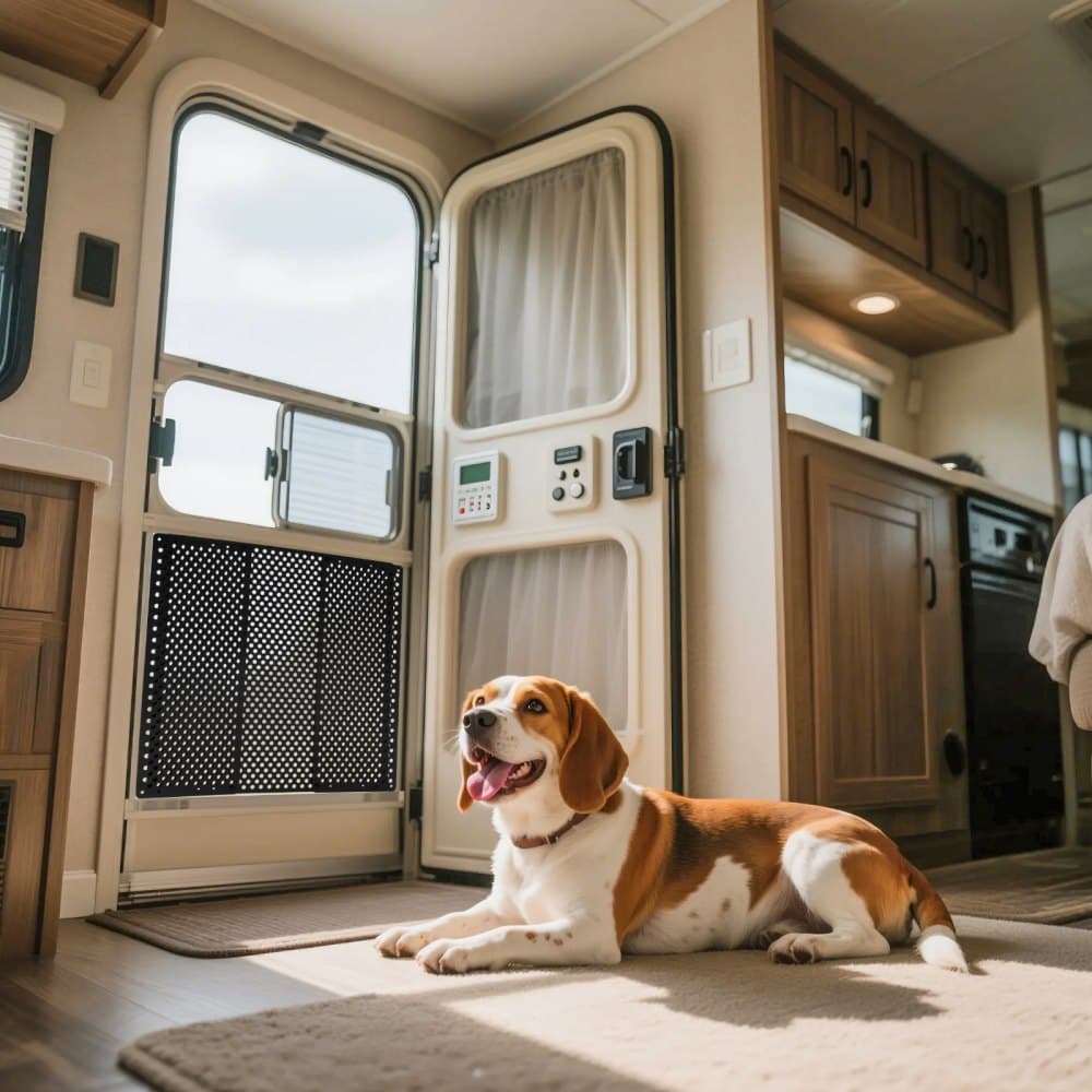 Osłona drzwi do kampera, regulowana od 558,8 do 800 mm, regulowana kratka drzwi, łatwa w montażu, wzmocnione, oddychające otwory w kształcie plastra miodu, żelazna osłona wejścia do kampera dla zwierząt, czarna