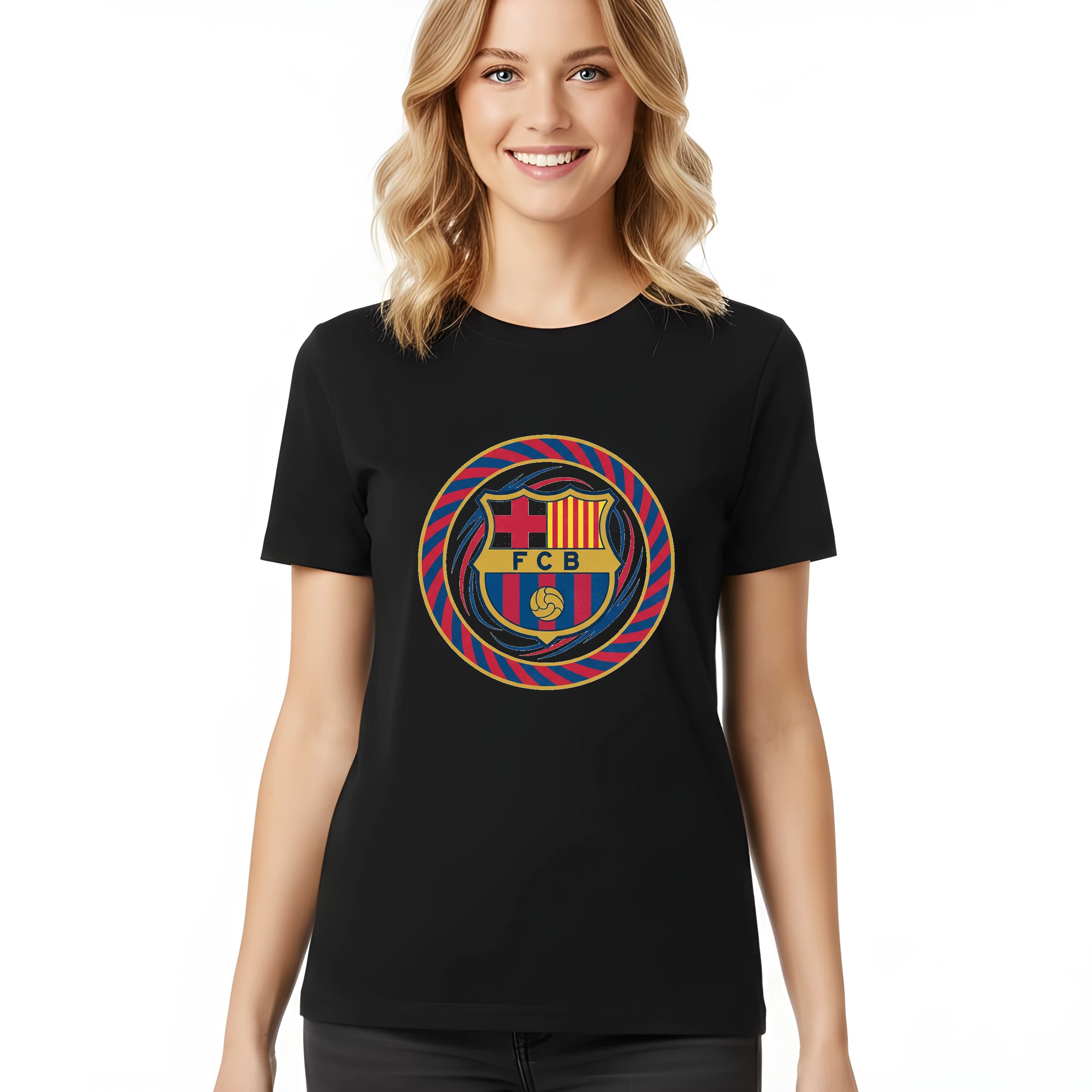 Koszulka damska złota tarcza Fc Barcelona wirujący emblemat tradycja i pasja kibiców