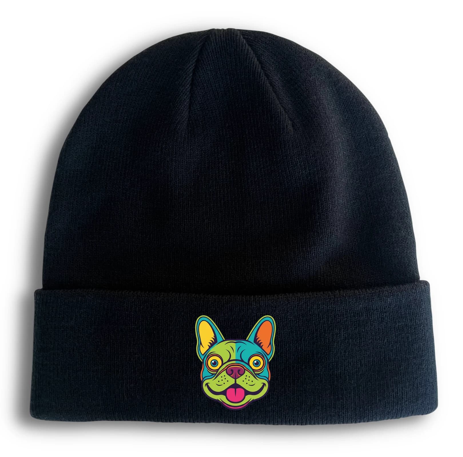 Czapka zimowa Neonowy pop art francuski buldog, wesoła kolorowa twarz