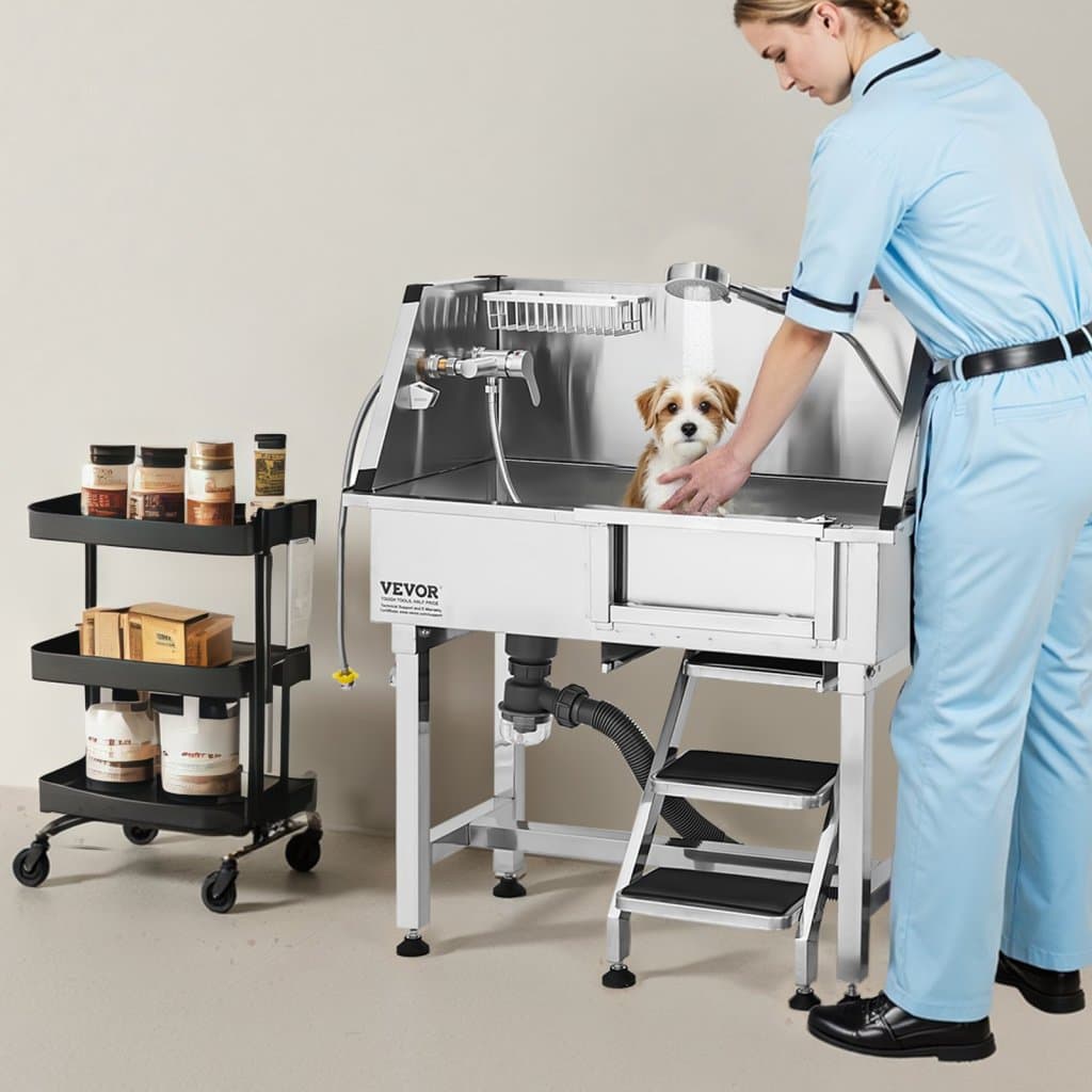 86,4 cm stalowa wanna do pielęgnacji psów ze schodami i kranem, głowicą prysznicową