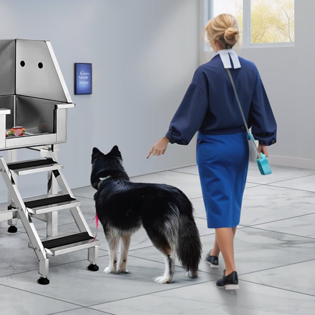 Stacja do kąpieli dla psów 864 mm z rampą, profesjonalna wanna do pielęgnacji psów ze stali nierdzewnej z miejscem do przechowywania, kran, bogate wyposażenie, wanna dla psów dużych, średnich i małych zwierząt, zlew domowy (po prawej)